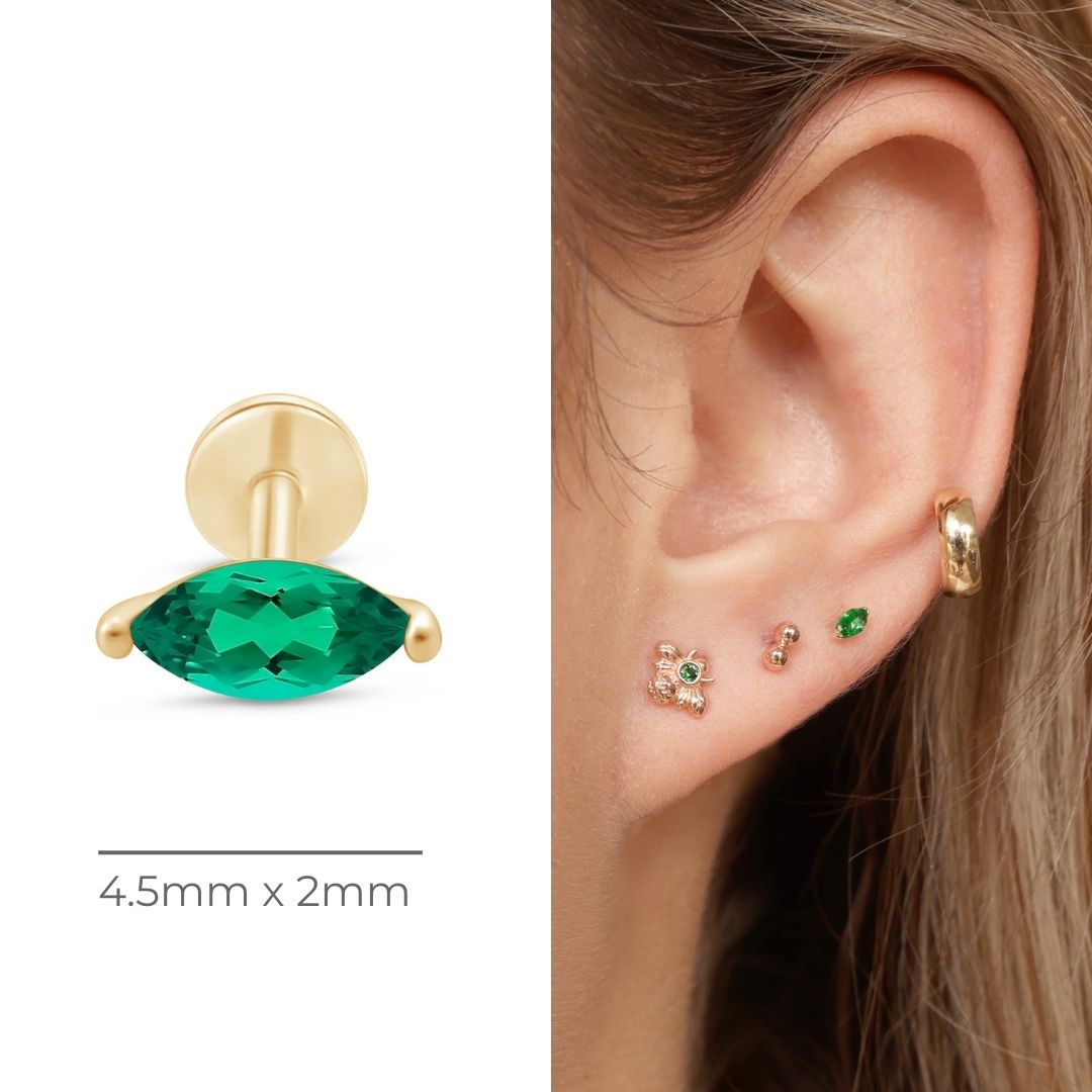 Marquise Emerald Flat Back Stud in Solid 14k Yellow Gold