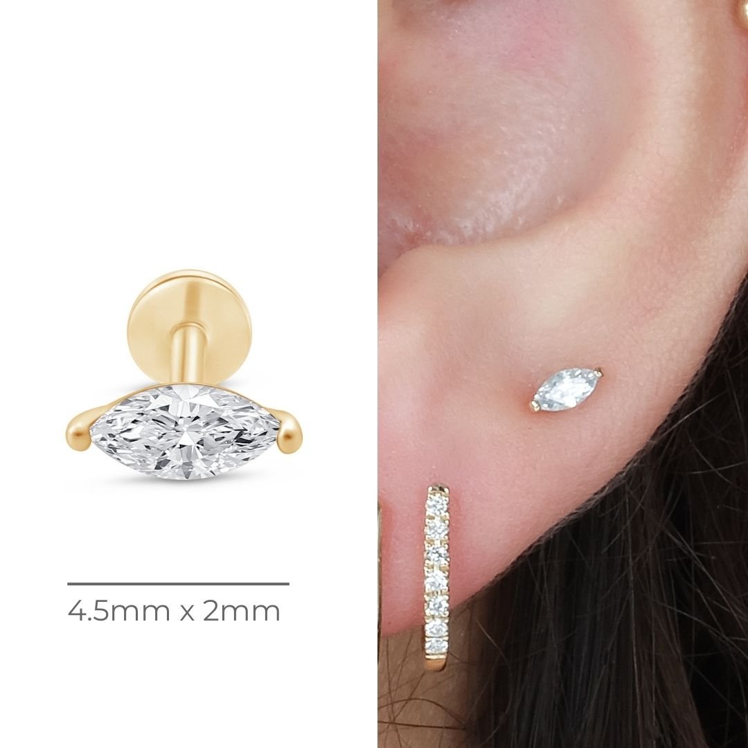 Marquise Gemstone Flat Back Stud in Solid 14k Yellow Gold