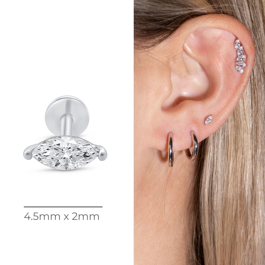 Marquise Stone Flat Back Stud in Solid 14k White Gold
