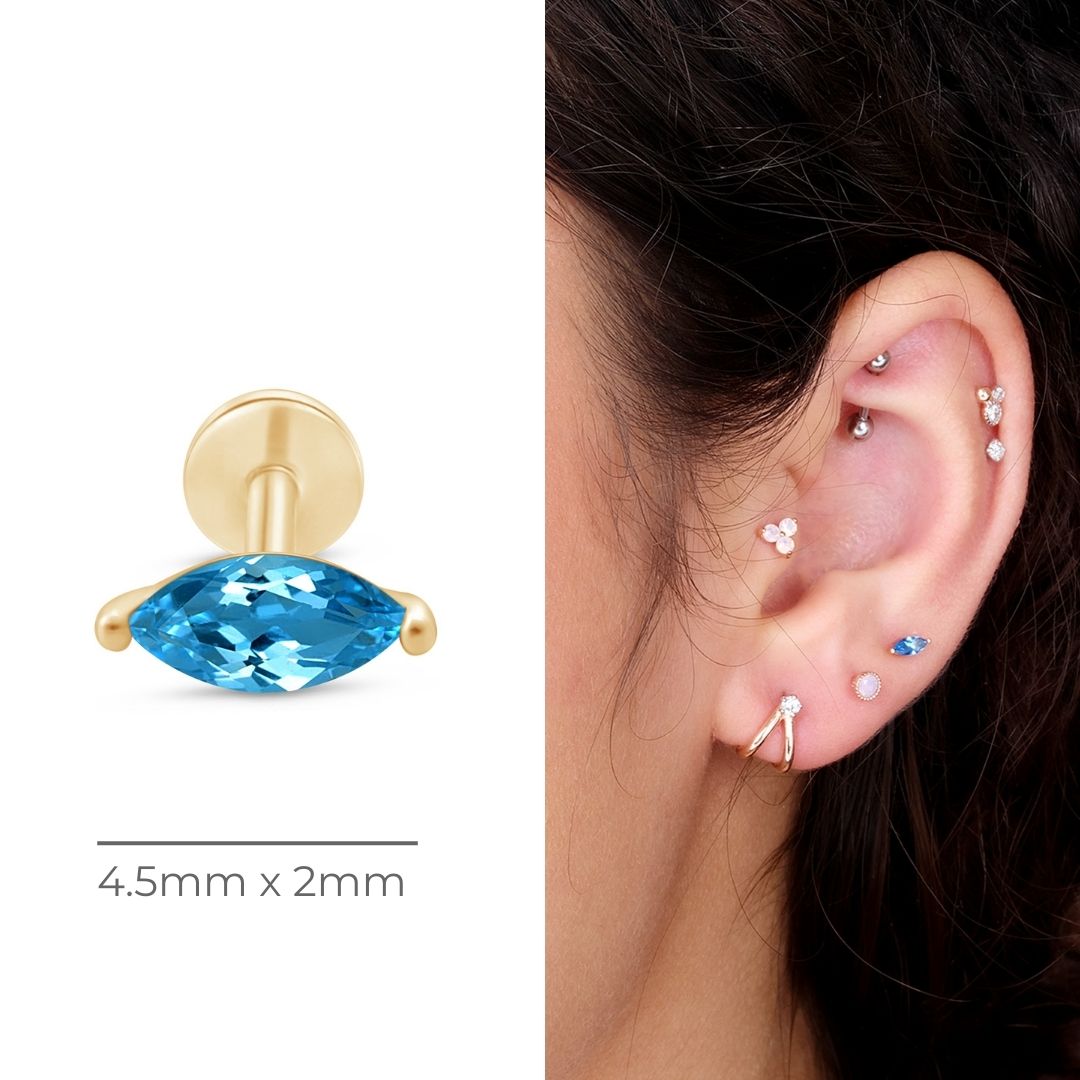 Marquise London Blue Topaz Flat Back Stud in Solid 14k Yellow Gold