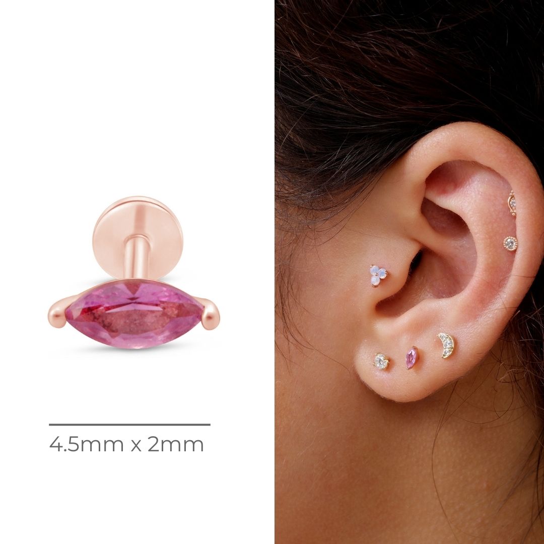Marquise Pink Tourmaline Flat Back Stud in Solid 14k Rose Gold