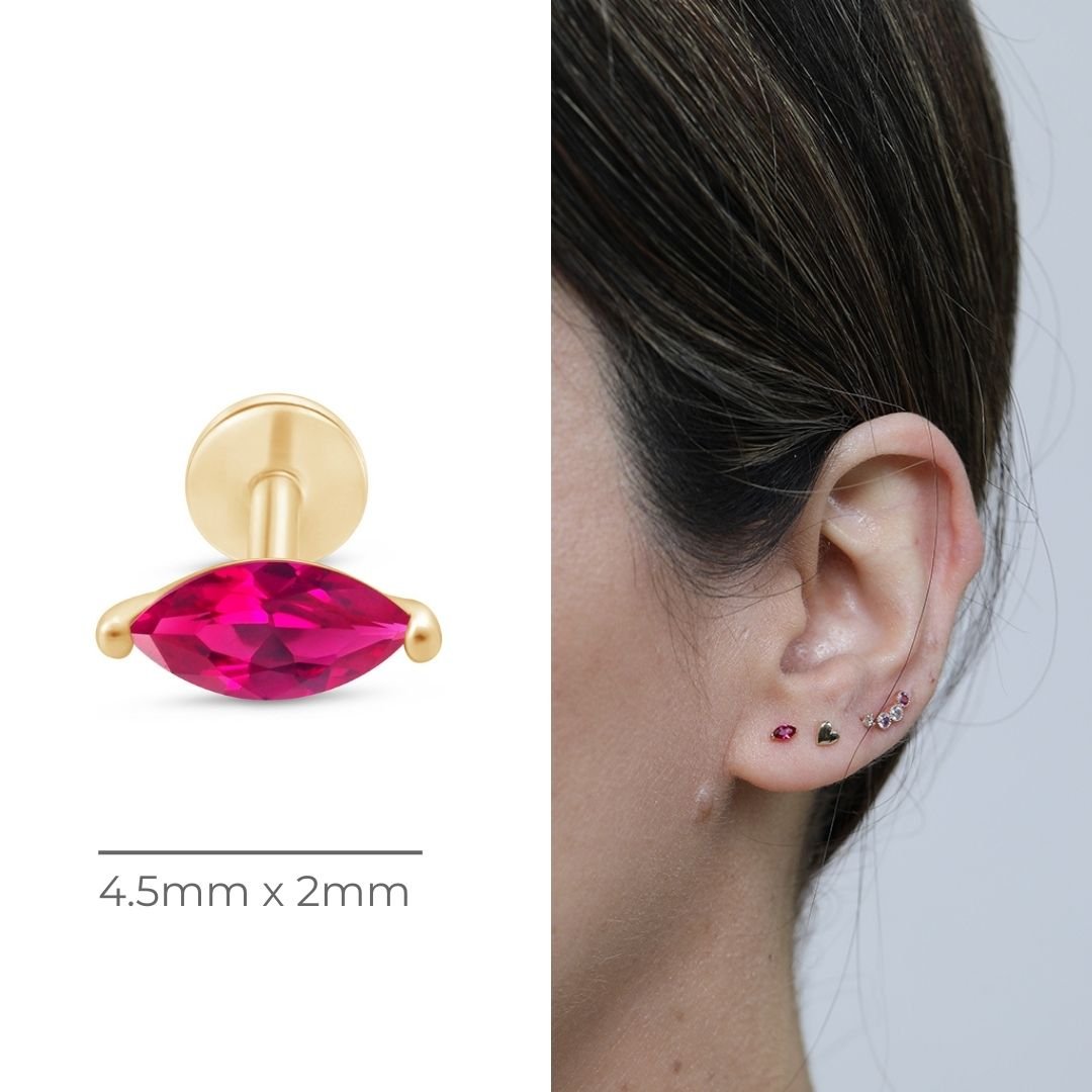 Marquise Pink Ruby Flat Back Stud in Solid 14k Yellow Gold