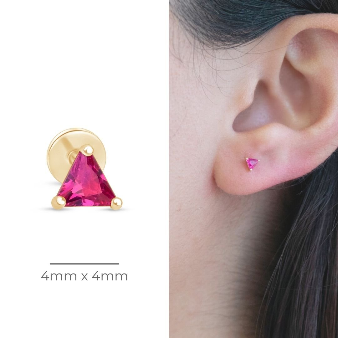 Triangle Cut Ruby Flat Back Stud in Solid 14k Yellow Gold