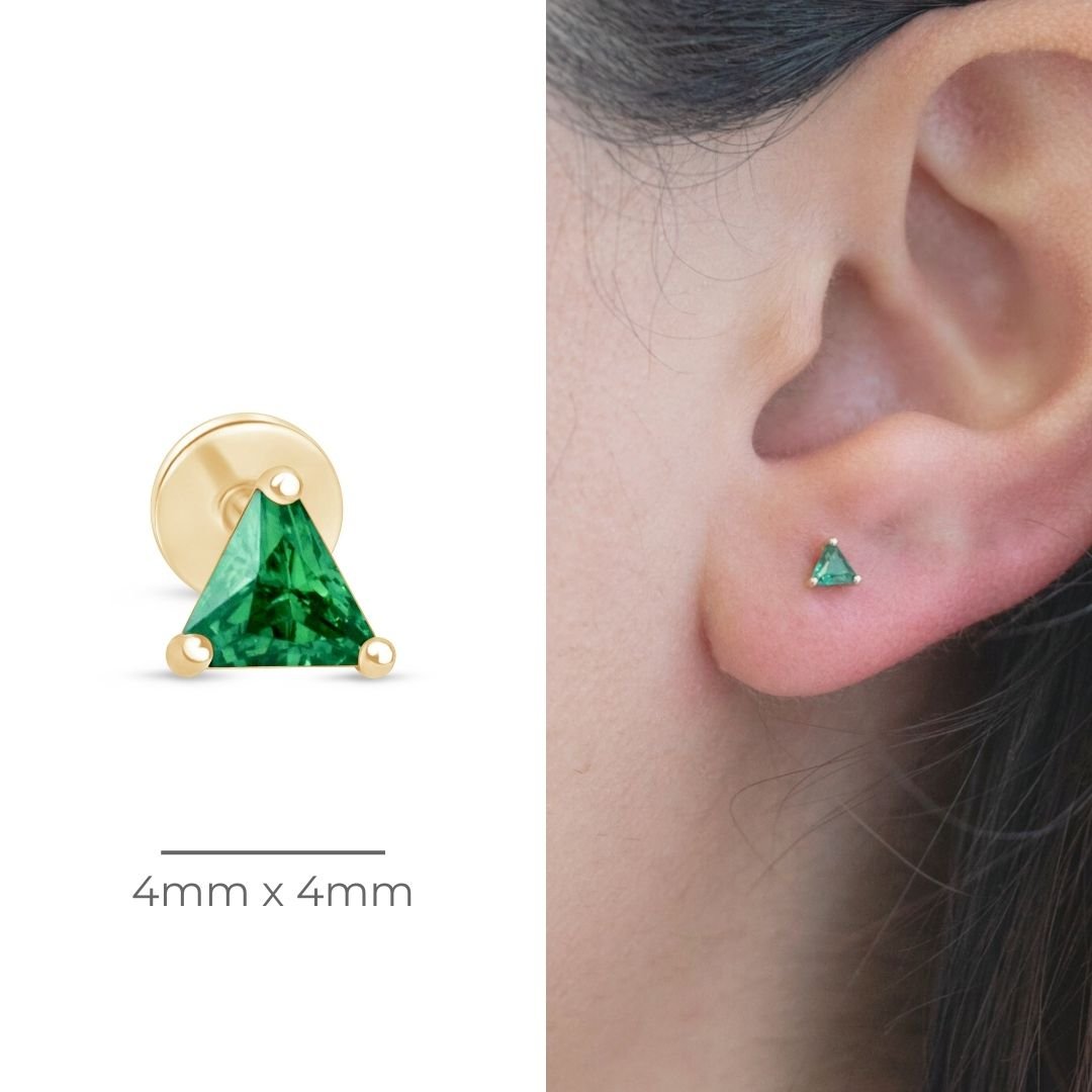 Triangle Cut Emerald Flat Back Stud in Solid 14k Yellow Gold