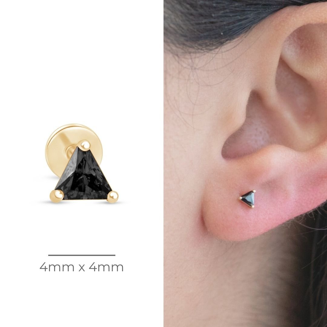 Triangle Cut Black Onyx Flat Back Stud in Solid 14k Yellow Gold