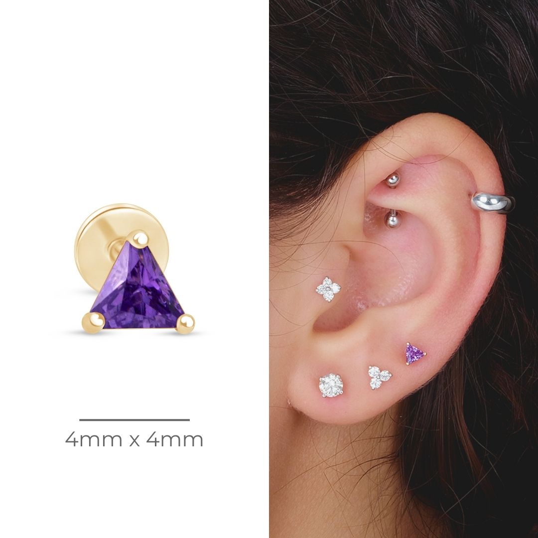 Triangle Cut Amethyst Flat Back Stud in Solid 14k Yellow Gold