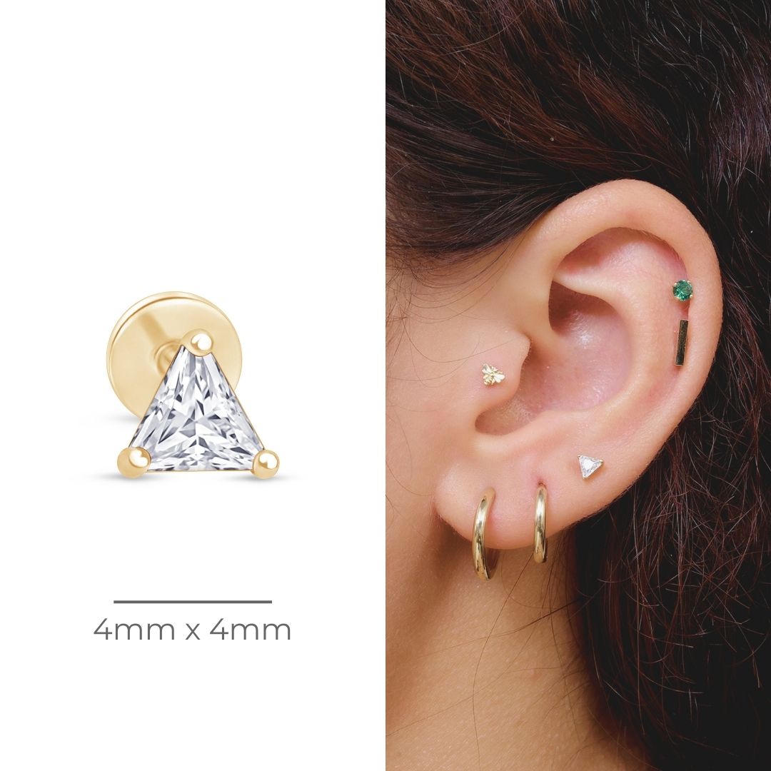 Triangle Cut Gemstone Flat Back Stud in Solid 14k Yellow Gold