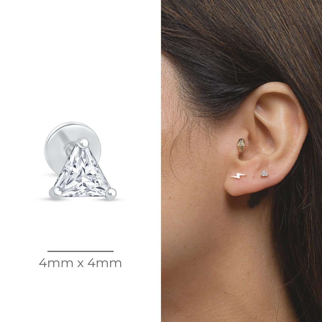 Triangle Cut Cubic Zirconia Flat Back Stud in Solid 14k White Gold