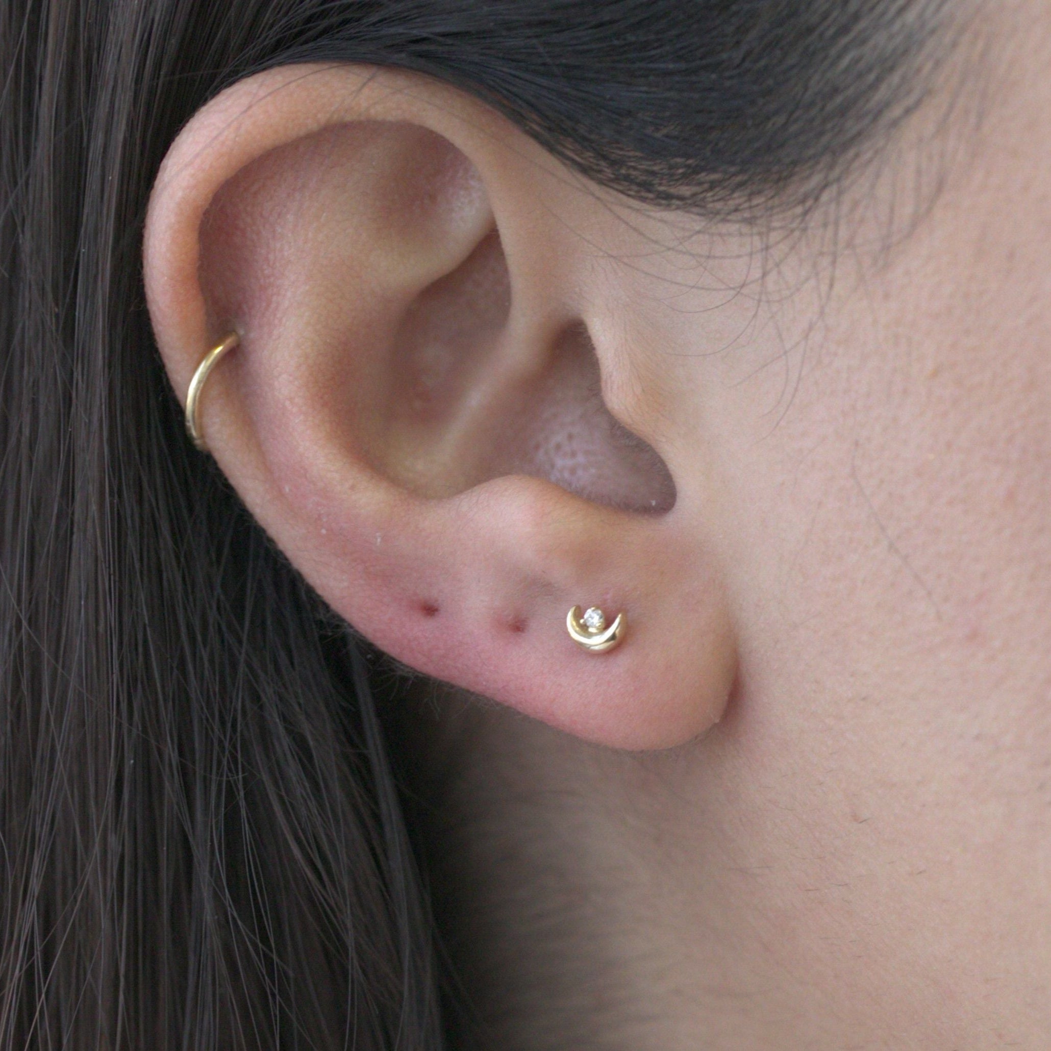 Diamond Crescent Moon Flat Back Stud in Solid 14k White Gold