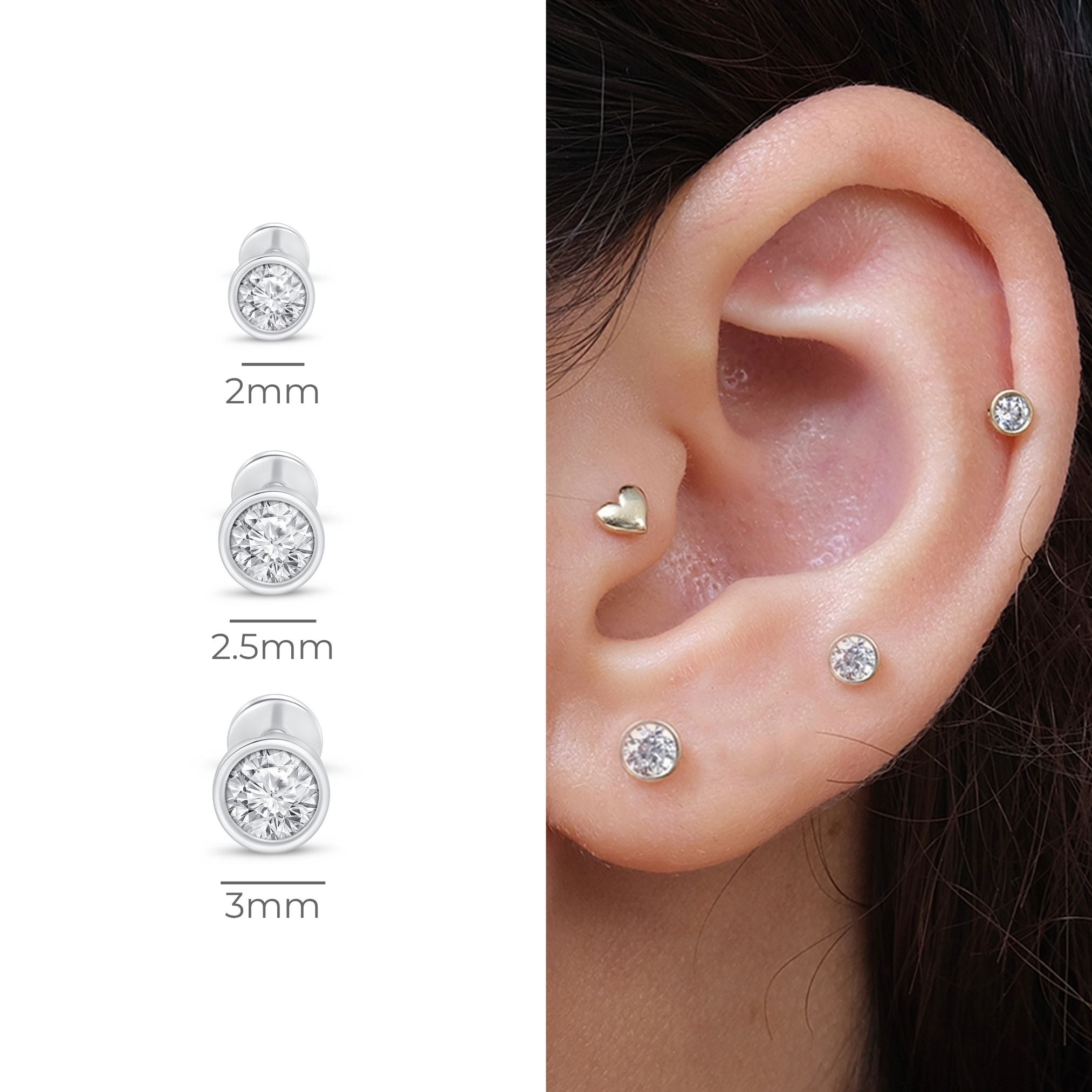 Natural Diamond Flat Back Stud Bezel Set in Solid 14k White Gold