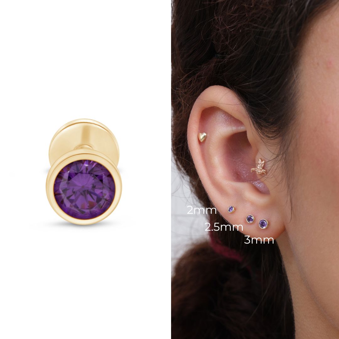 Round Amethyst Flat Back Stud Bezel Set in Solid 14k Yellow Gold