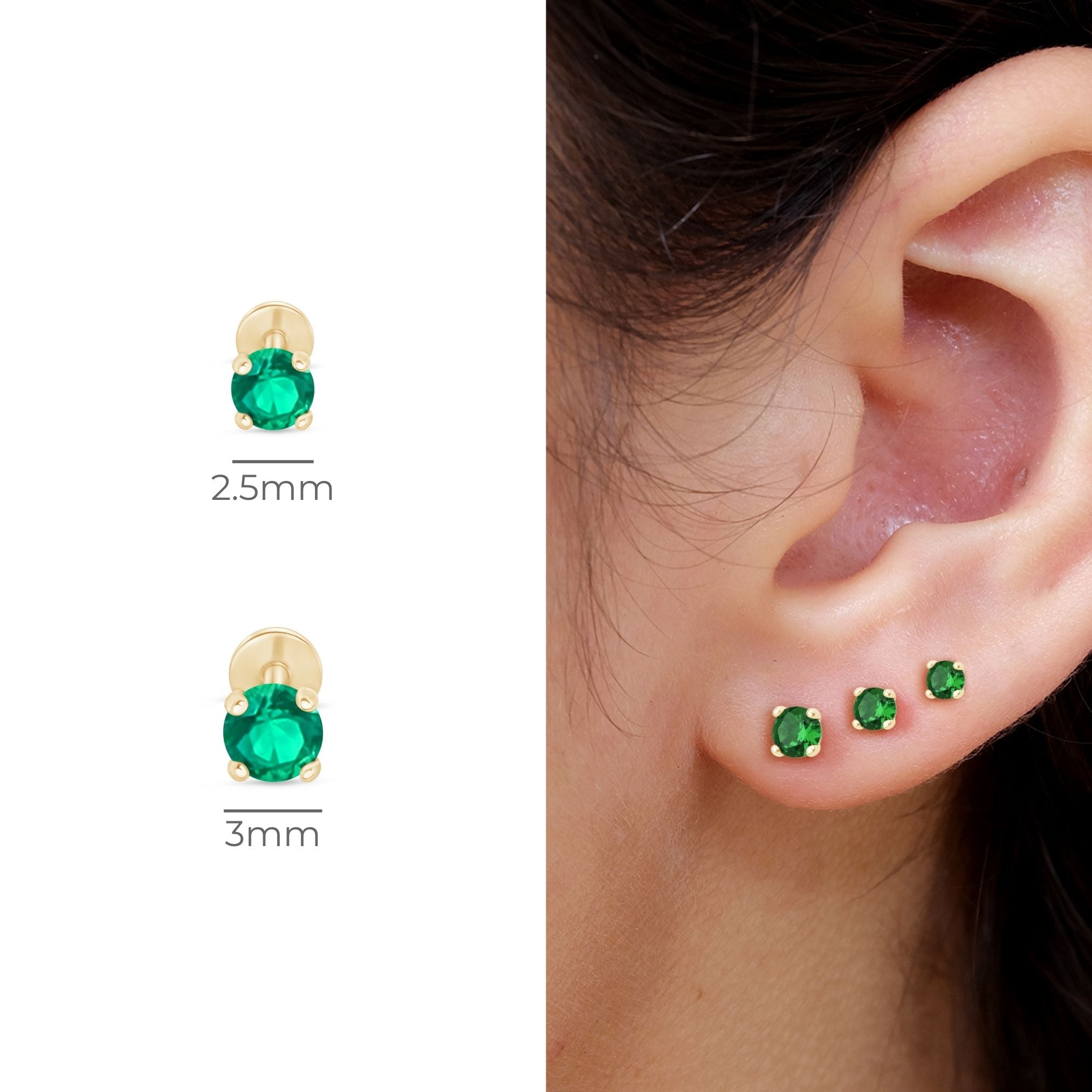 Emerald Cartilage Flat Back Stud in Solid 14k Yellow Gold