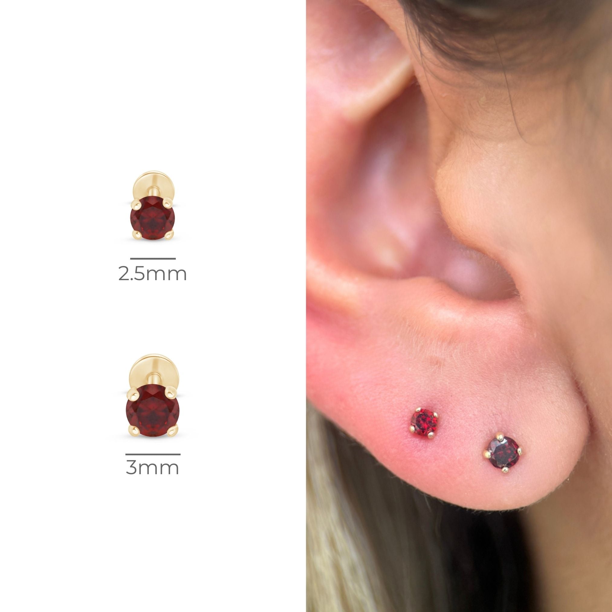 Garnet Cartilage Flat Back Stud in Solid 14k Yellow Gold