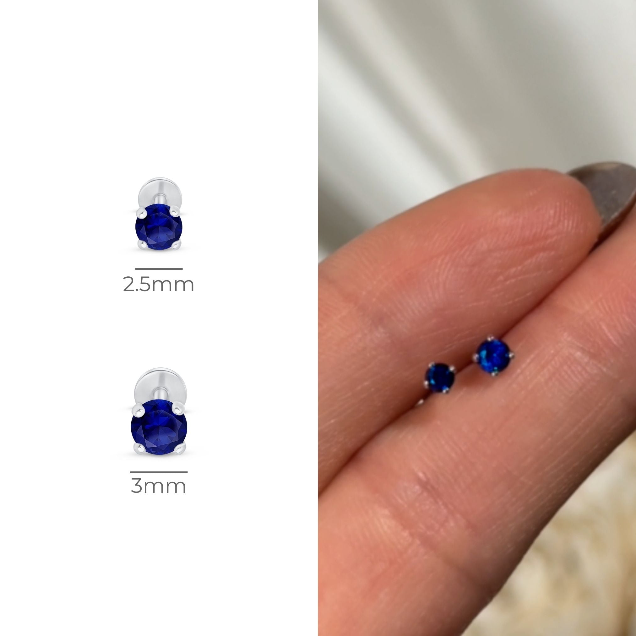 Blue Sapphire Cartilage Flat Back Stud in Solid 14k White Gold
