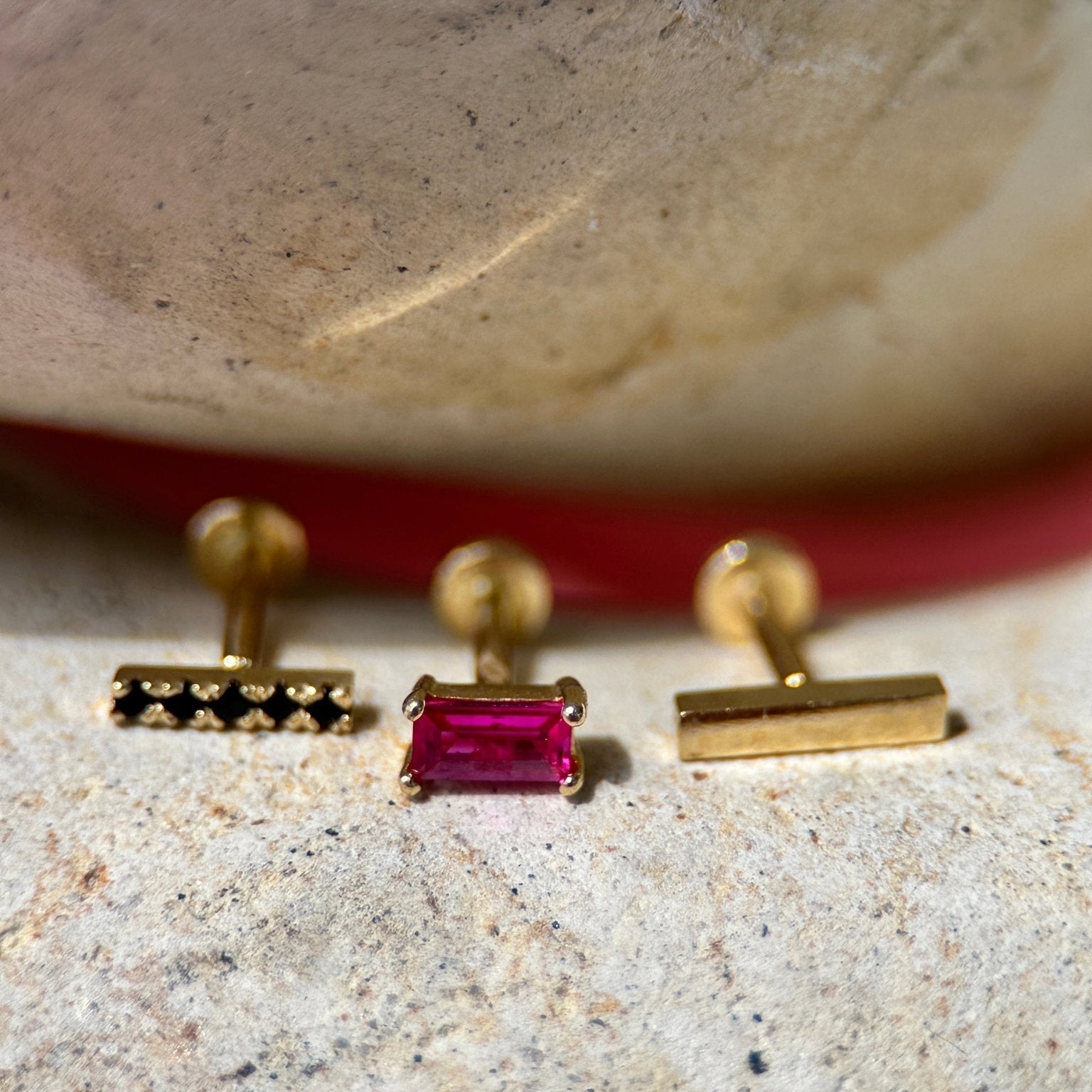 Black Onyx Studded Bar Flat Back Stud  in Solid 14k Yellow Gold