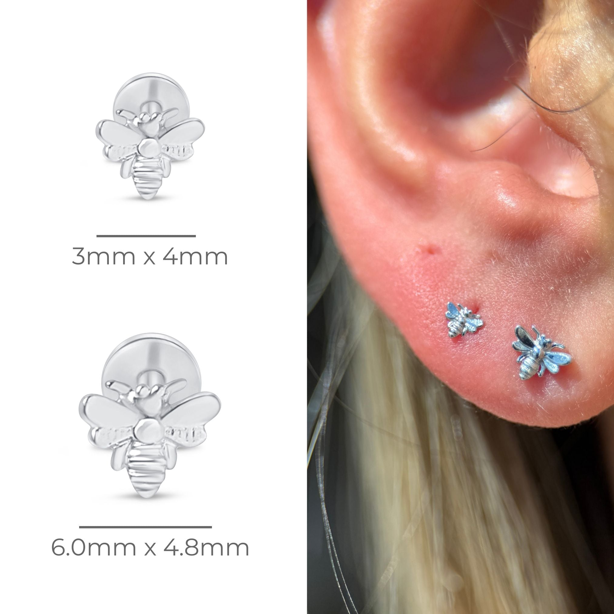 Minimalist Bee Flat Back Stud in Solid 14k White Gold