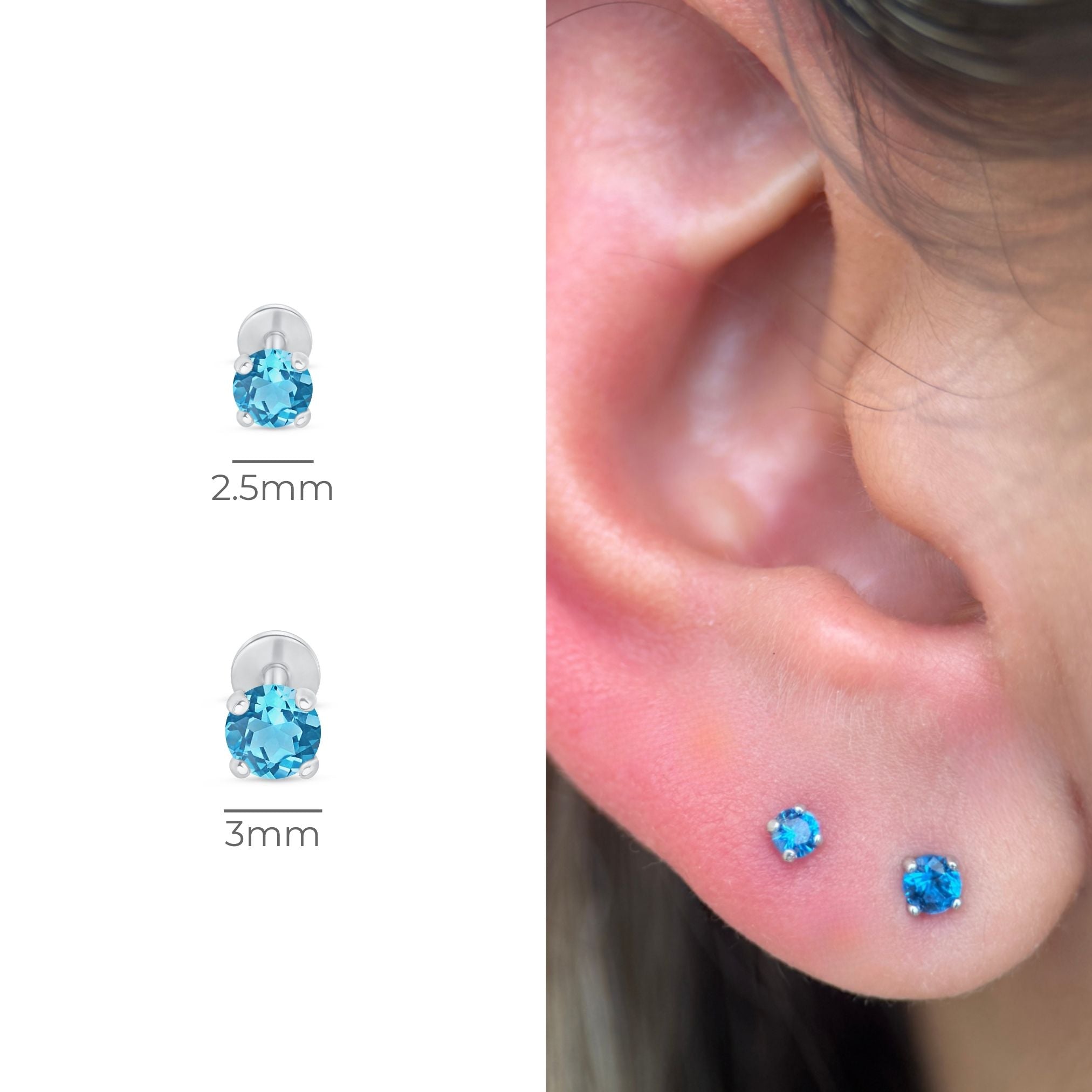 Blue Topaz Cartilage Flat Back Stud in Solid 14k White Gold