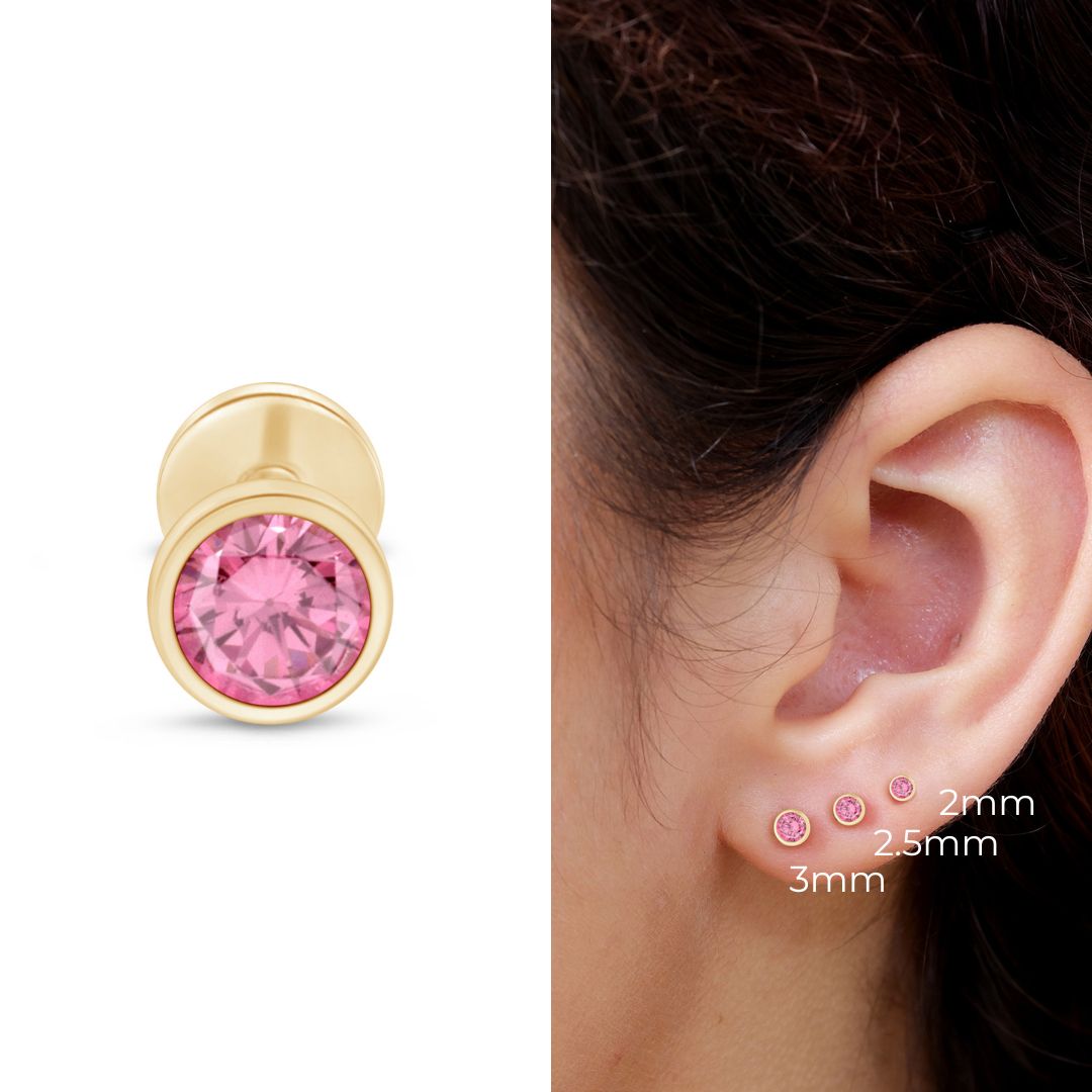 Round Pink Tourmaline Flat Back Stud Bezel Set in Solid 14k Yellow Gold
