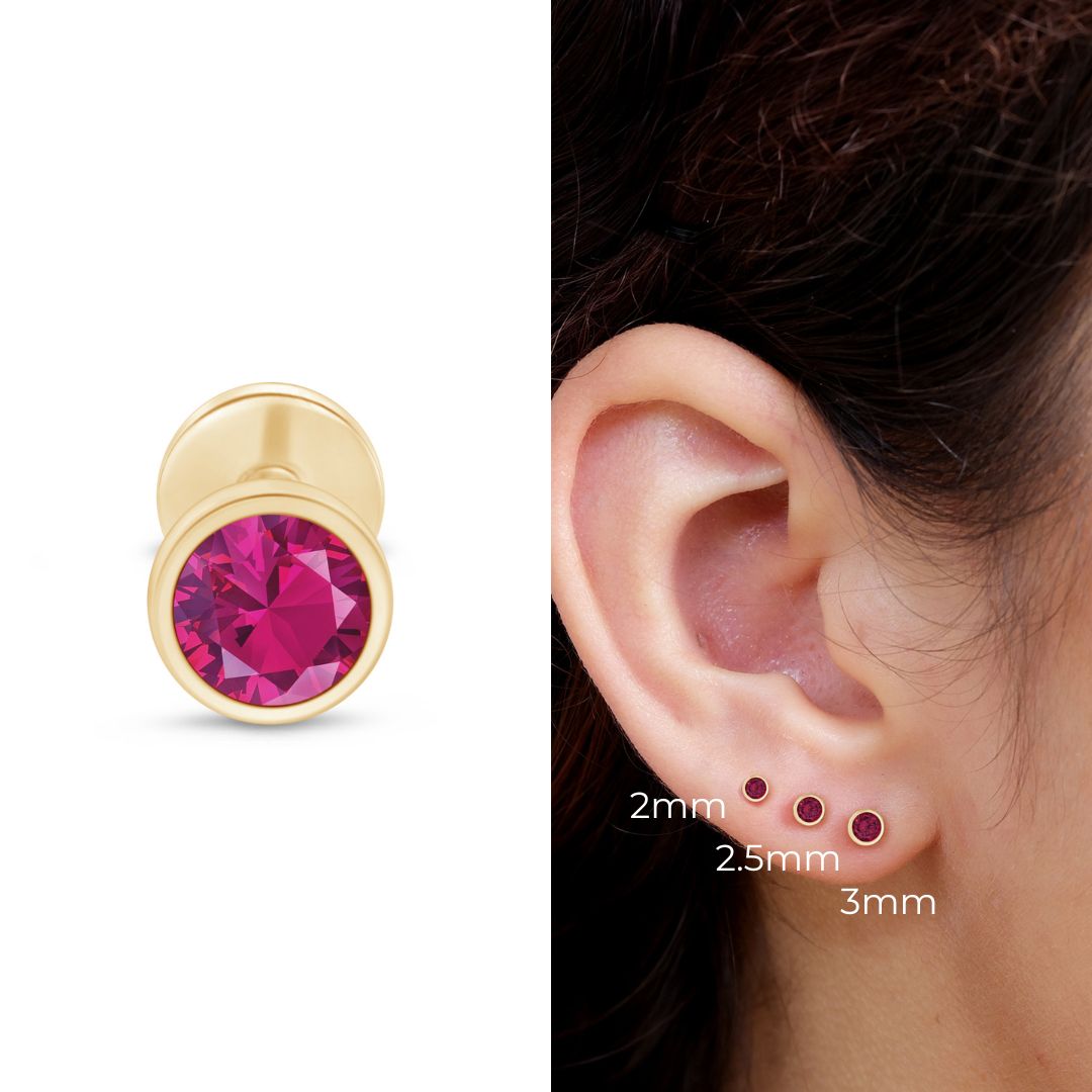 Round Pink Ruby Flat Back Stud Bezel Set in Solid 14k Yellow Gold