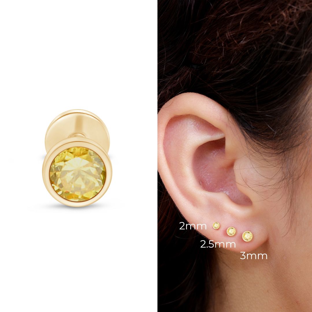Round Citrine Flat Back Stud Bezel Zet in Solid 14k Yellow Gold