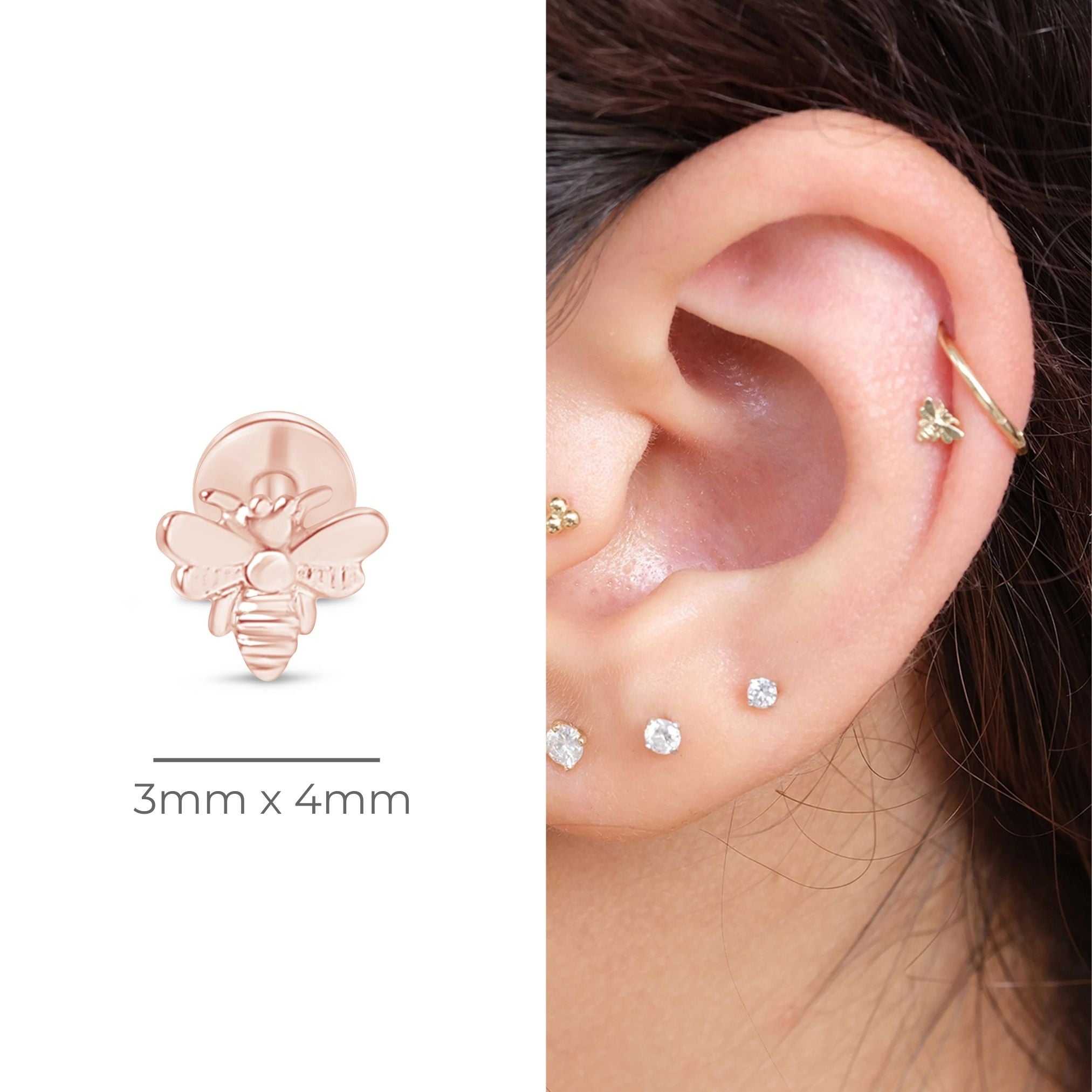 Minimalist Bee Flat Back Stud in Solid 14k Rose Gold