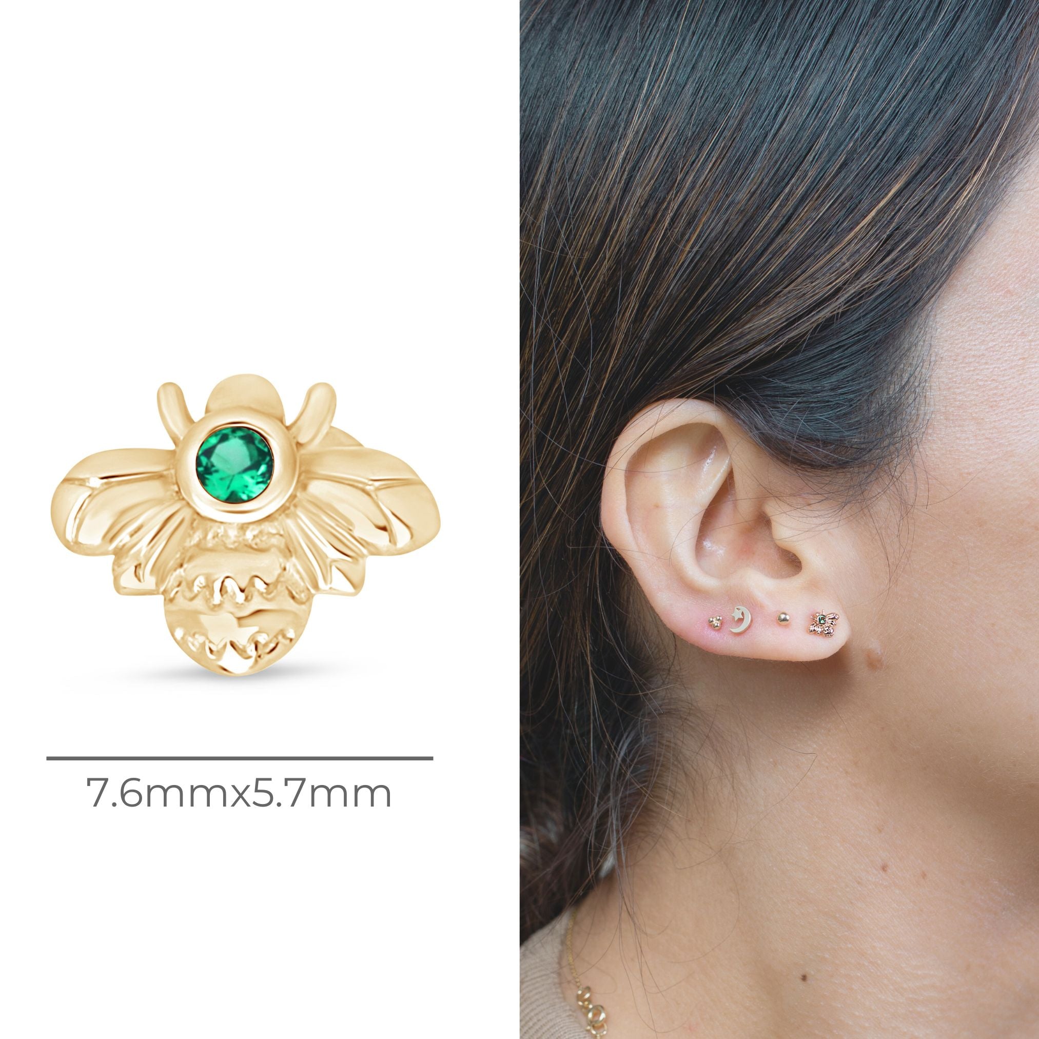 Emerald Bee Flat Back Stud in Solid 14k Yellow Gold