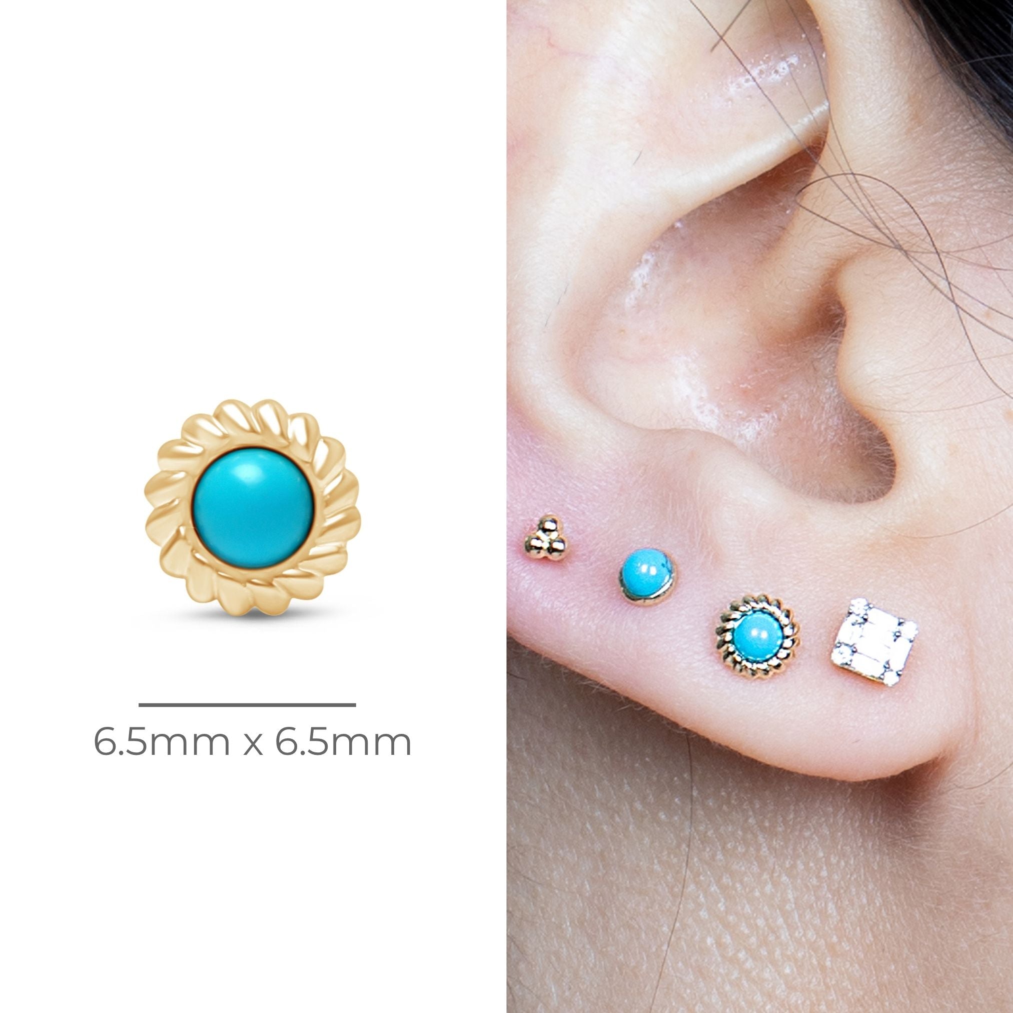 Round Turquoise Cabochon Flat Back Stud in Braided Bezel Set in Solid 14k Yellow Gold