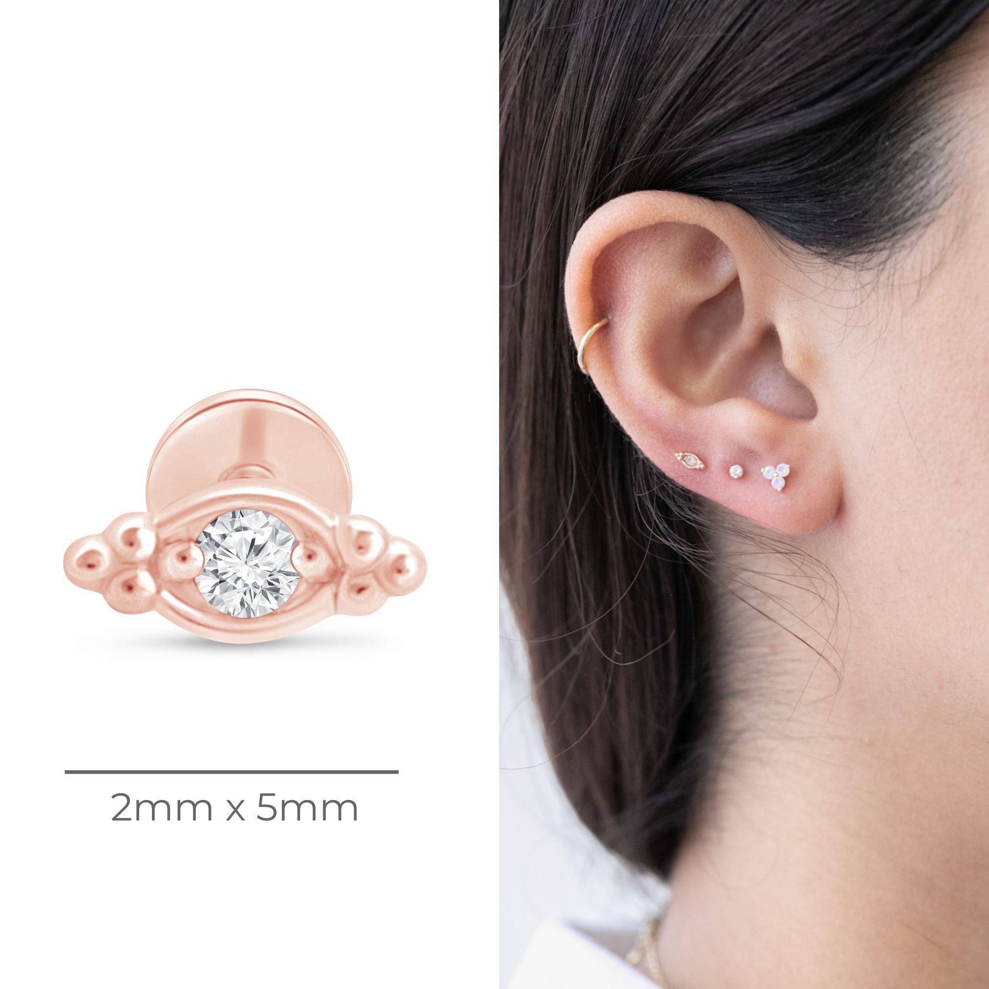 Beaded Marquise Diamond Evil Eye Flat Back Stud in Solid 14k Rose Gold