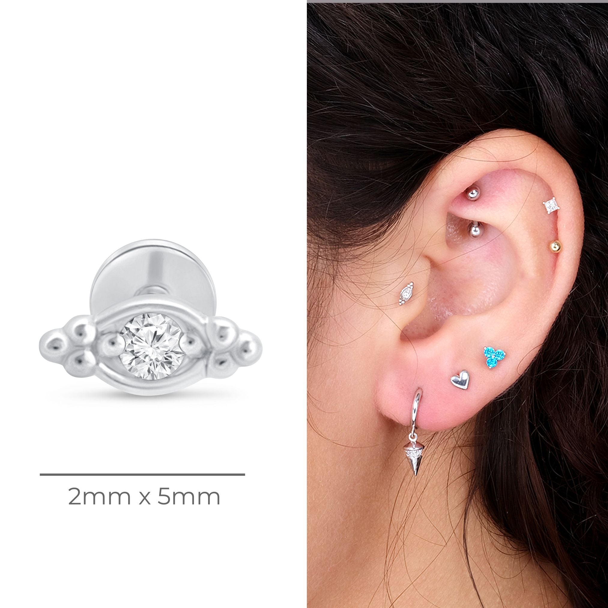 Beaded Marquise Diamond Evil Eye Flat Back Stud in Solid 14k White Gold