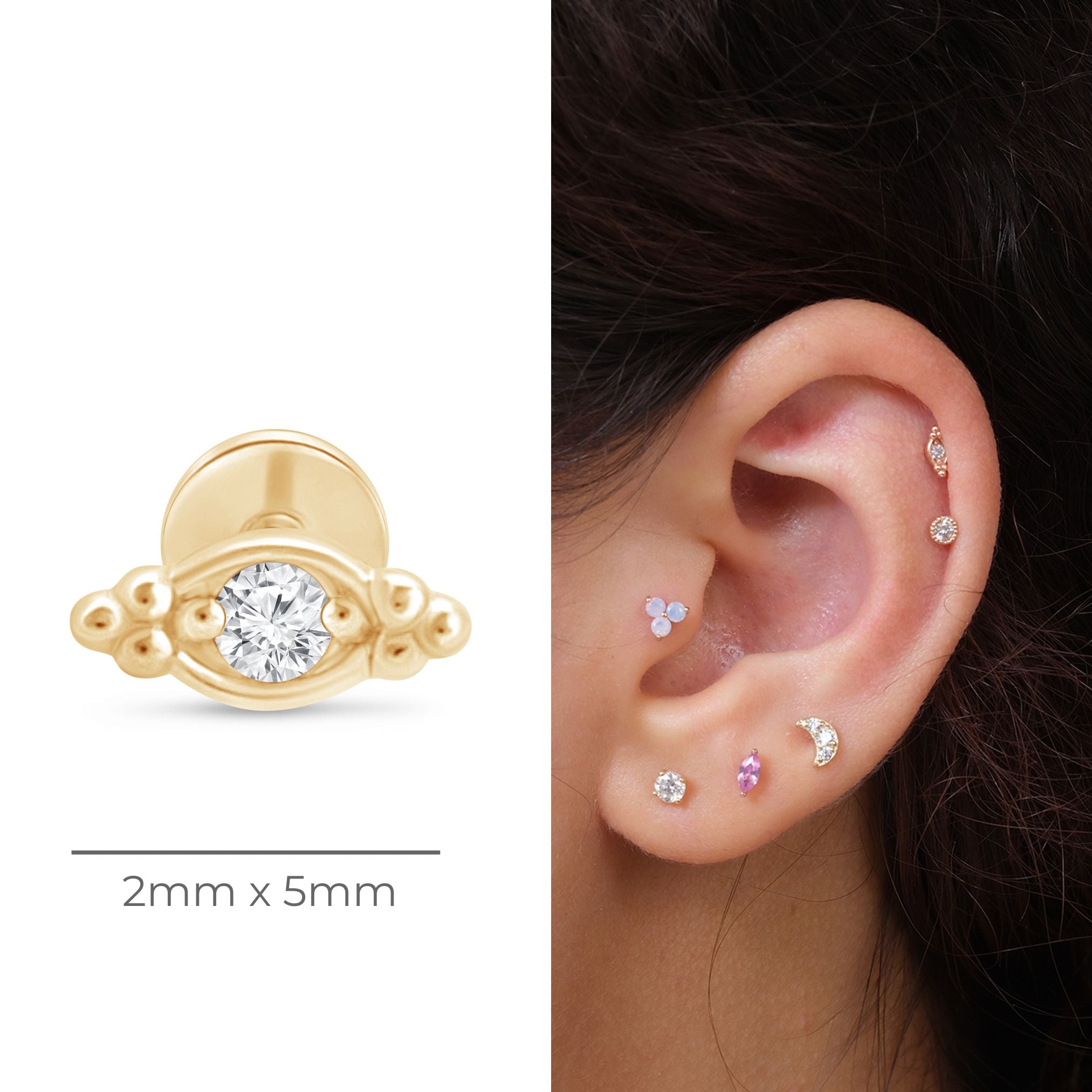 Beaded Marquise Diamond Evil Eye Flat Back Stud in Solid 14k Yellow Gold