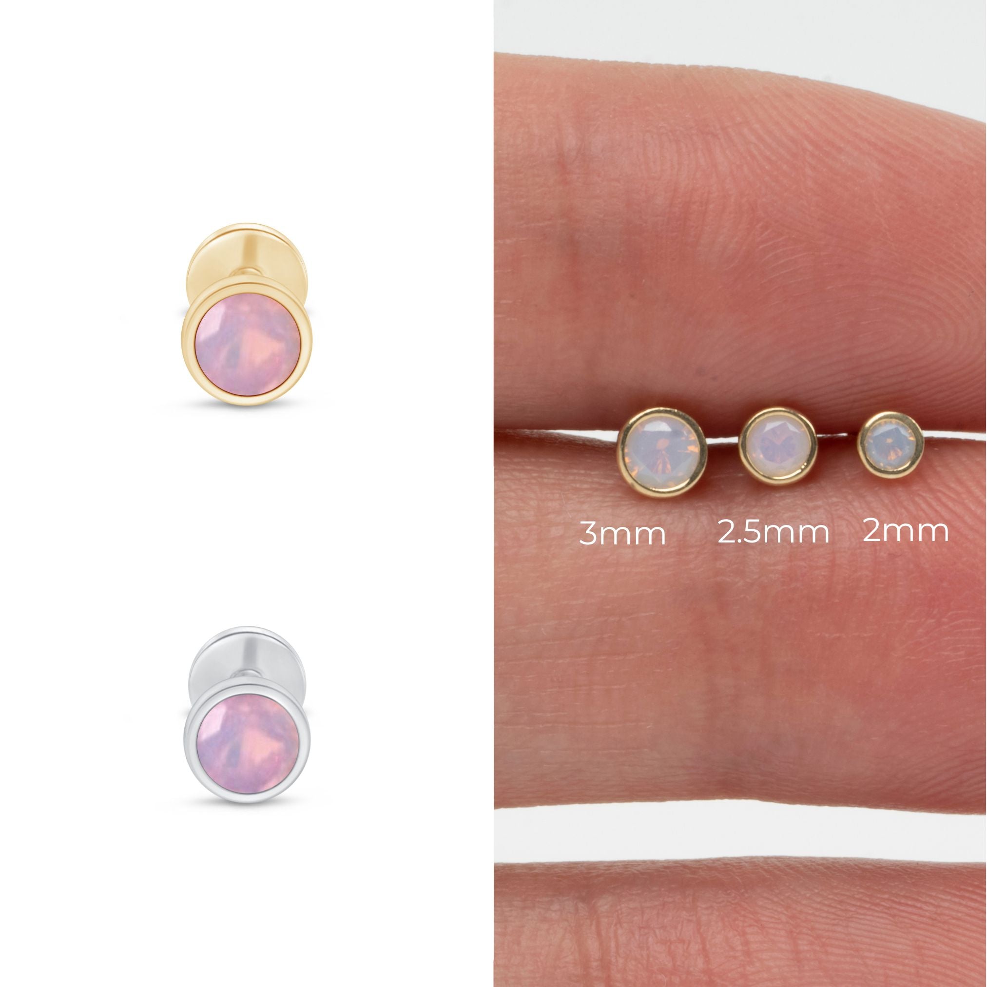 Round Pink Opal Flat Back Stud Bezel Set in Solid 14k Yellow Gold