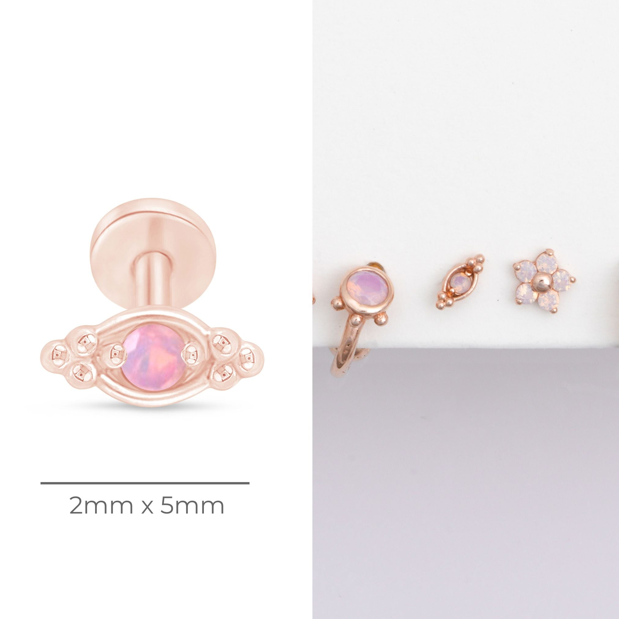 Beaded Marquise Opal Evil Eye Flat Back Stud in Solid 14k Rose Gold