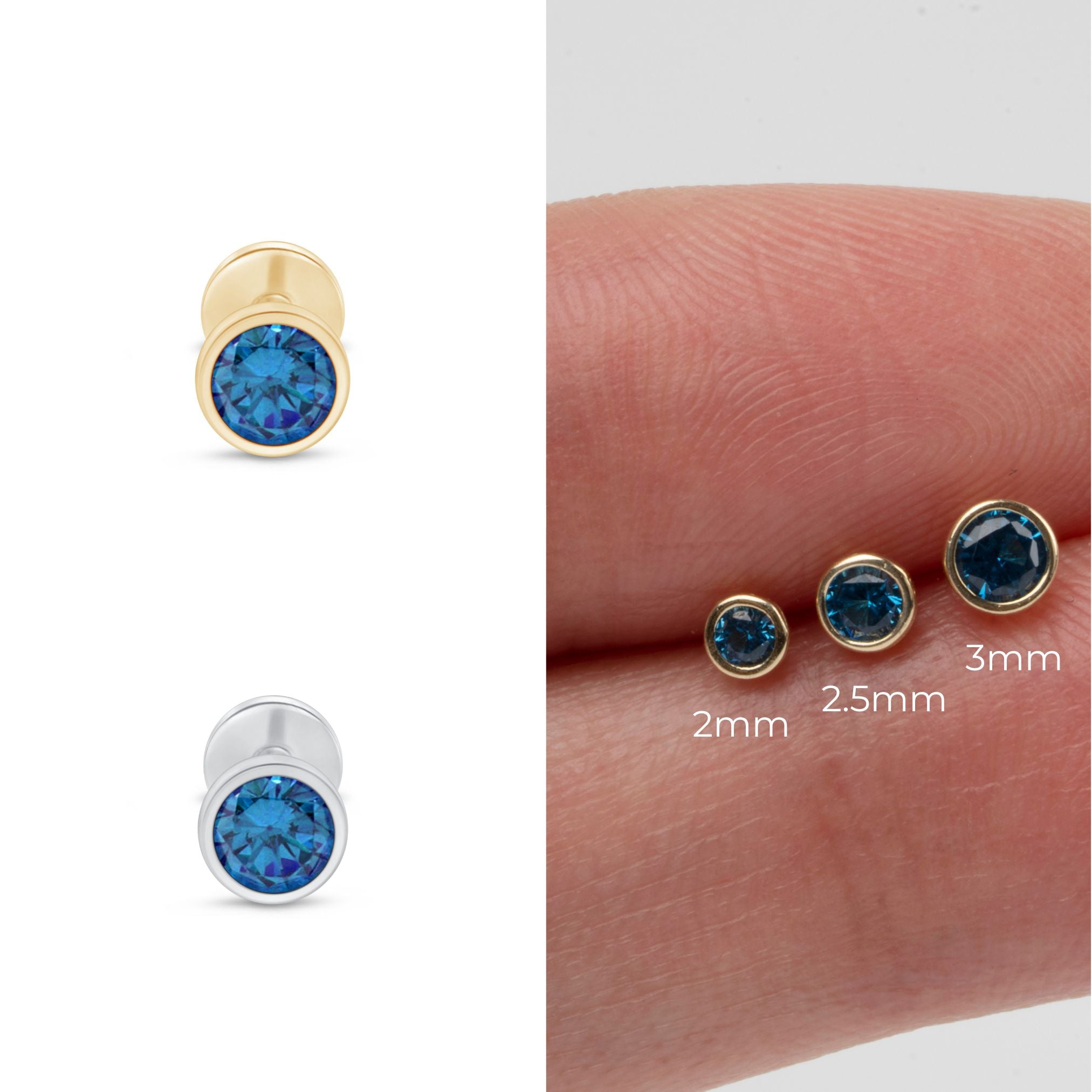 Round Blue Topaz Flat Back Stud Bezel Set in Solid 14k Yellow Gold