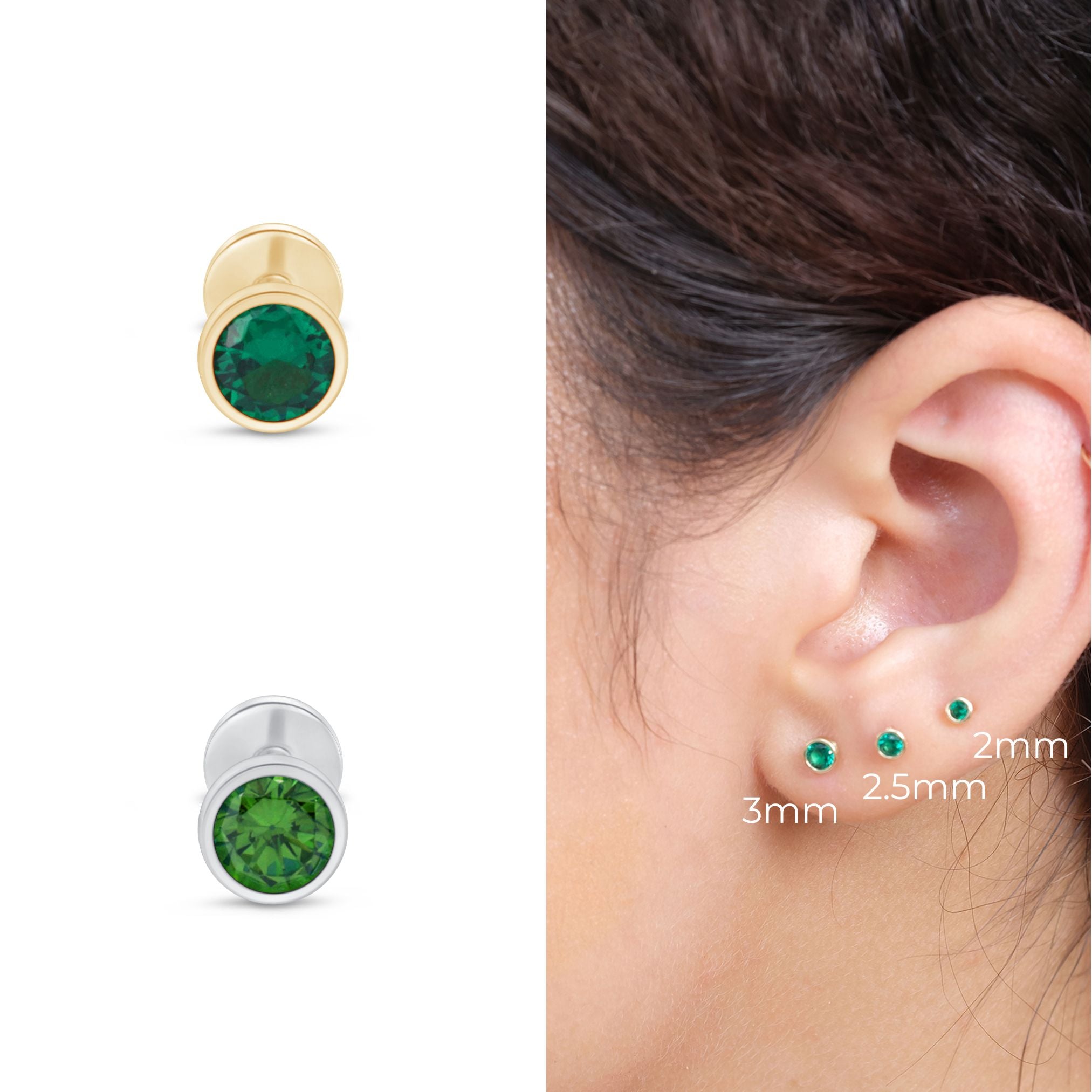 Round Emerald Flat Back Stud Bezel Set in Solid 14k Yellow Gold