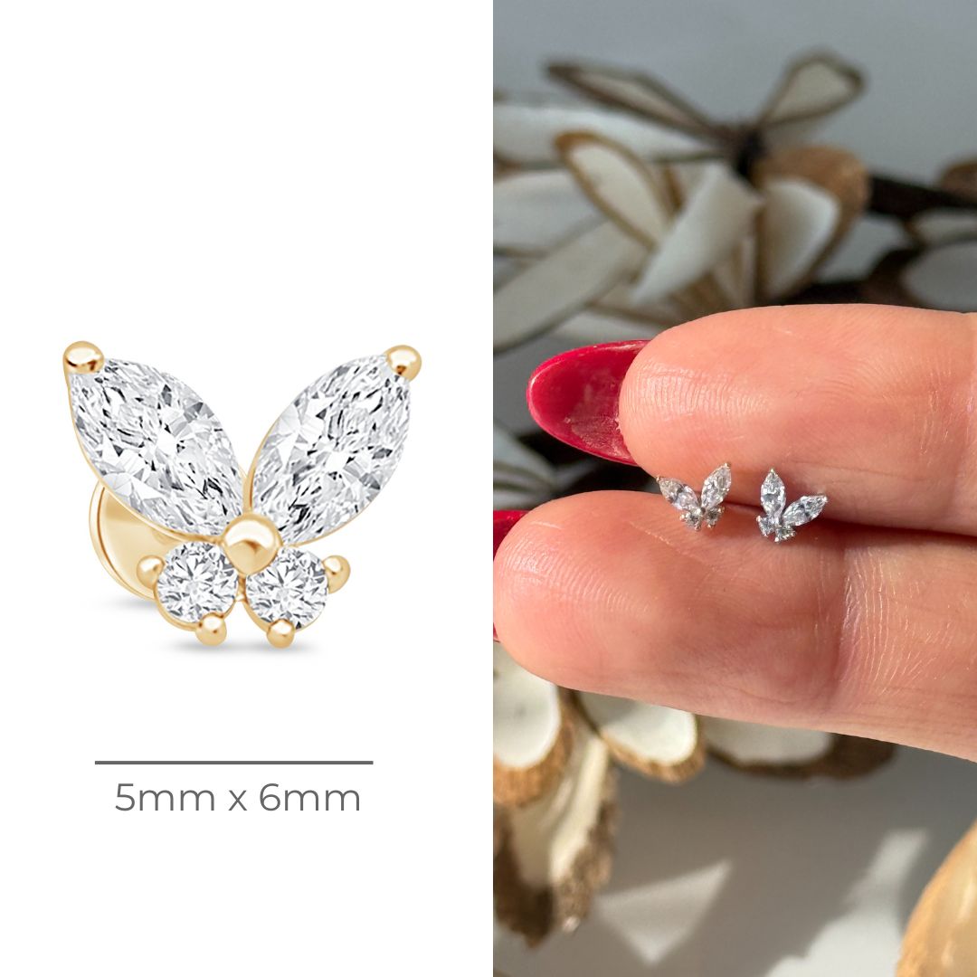 Fluttering Butterfly Flat Back Stud in Solid 14k Yellow Gold