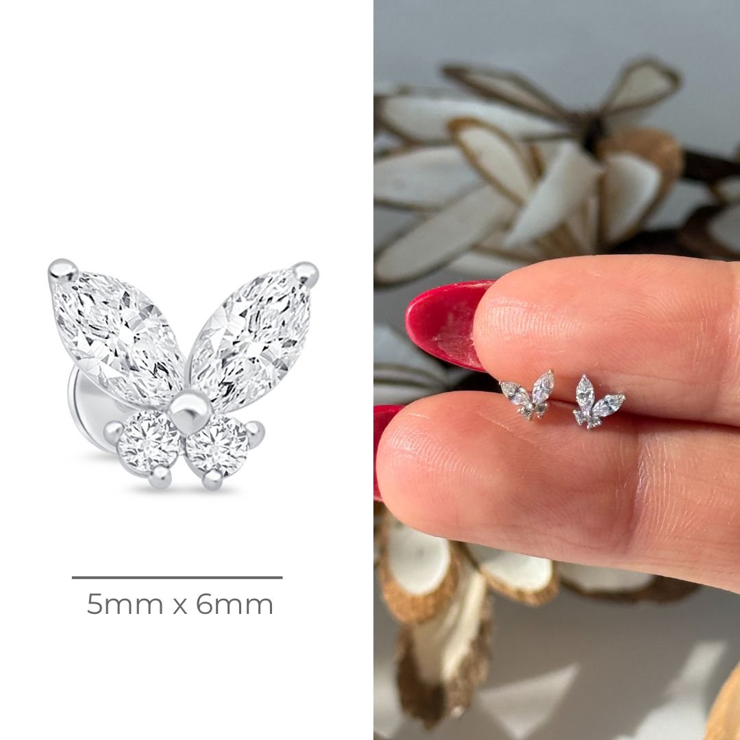Fluttering Butterfly Flat Back Stud in Solid 14k White Gold