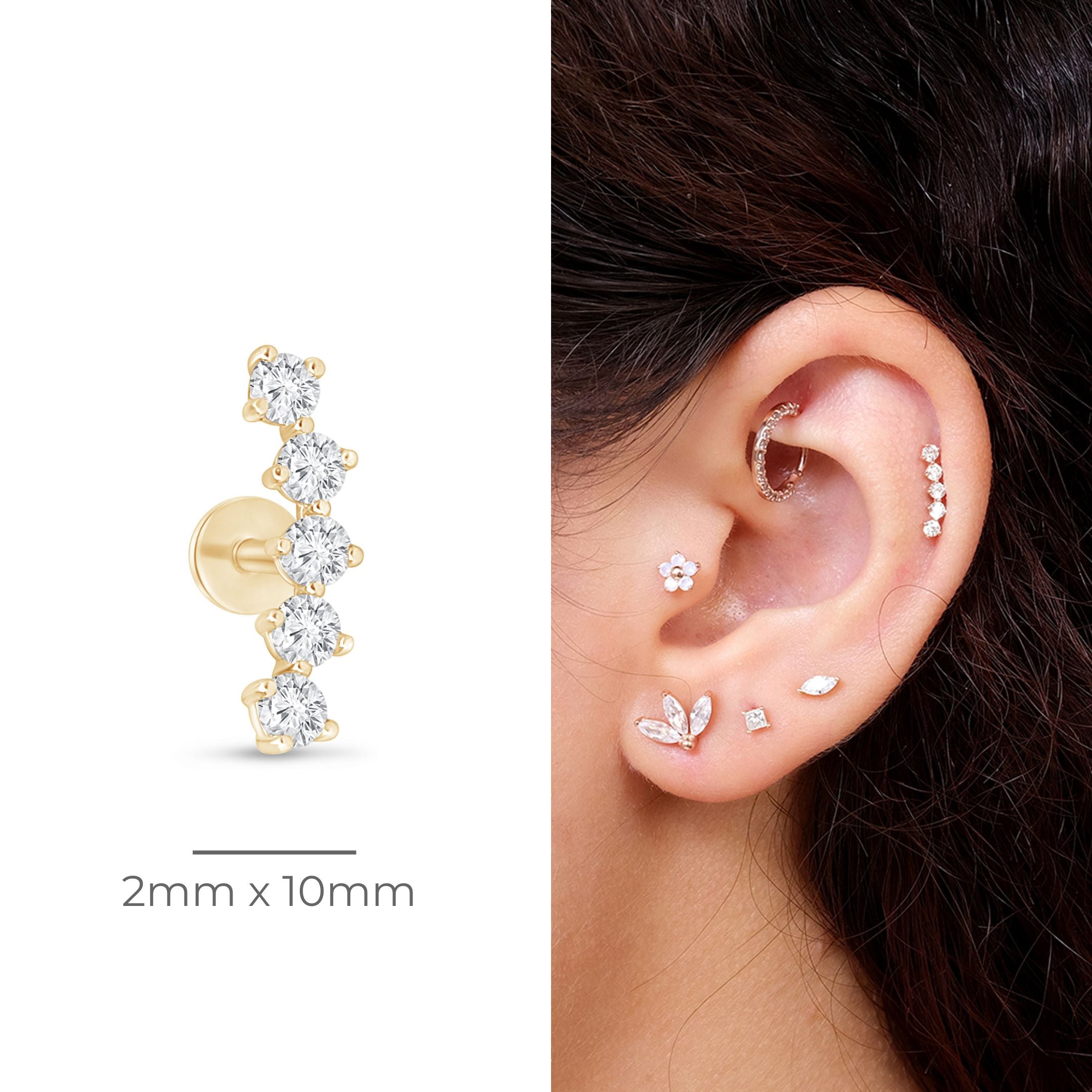 Diamond Constellation Ear Climber Flat Back Stud in Solid 14k Yellow Gold