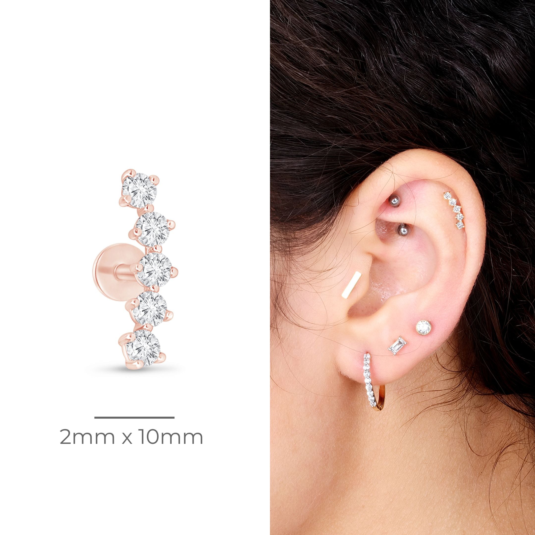 Diamond Constellation Ear Climber Flat Back Stud in Solid 14k Rose Gold