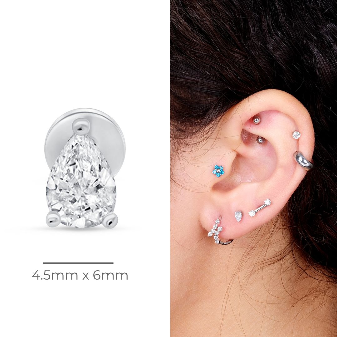 Pear Cubic Zirconia Flat Back Stud in Solid 14k White Gold