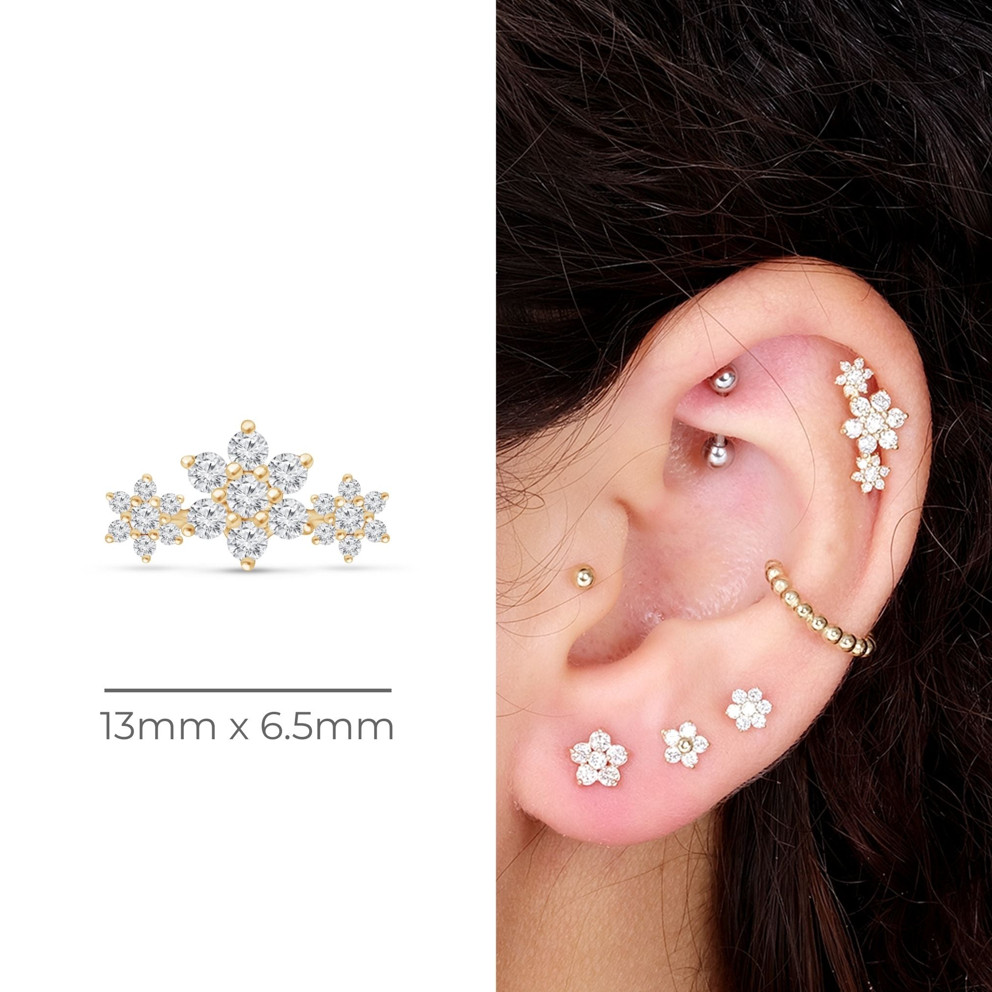 Diamond Three Flower Garland Flat Back Stud in Solid 14k Yellow Gold