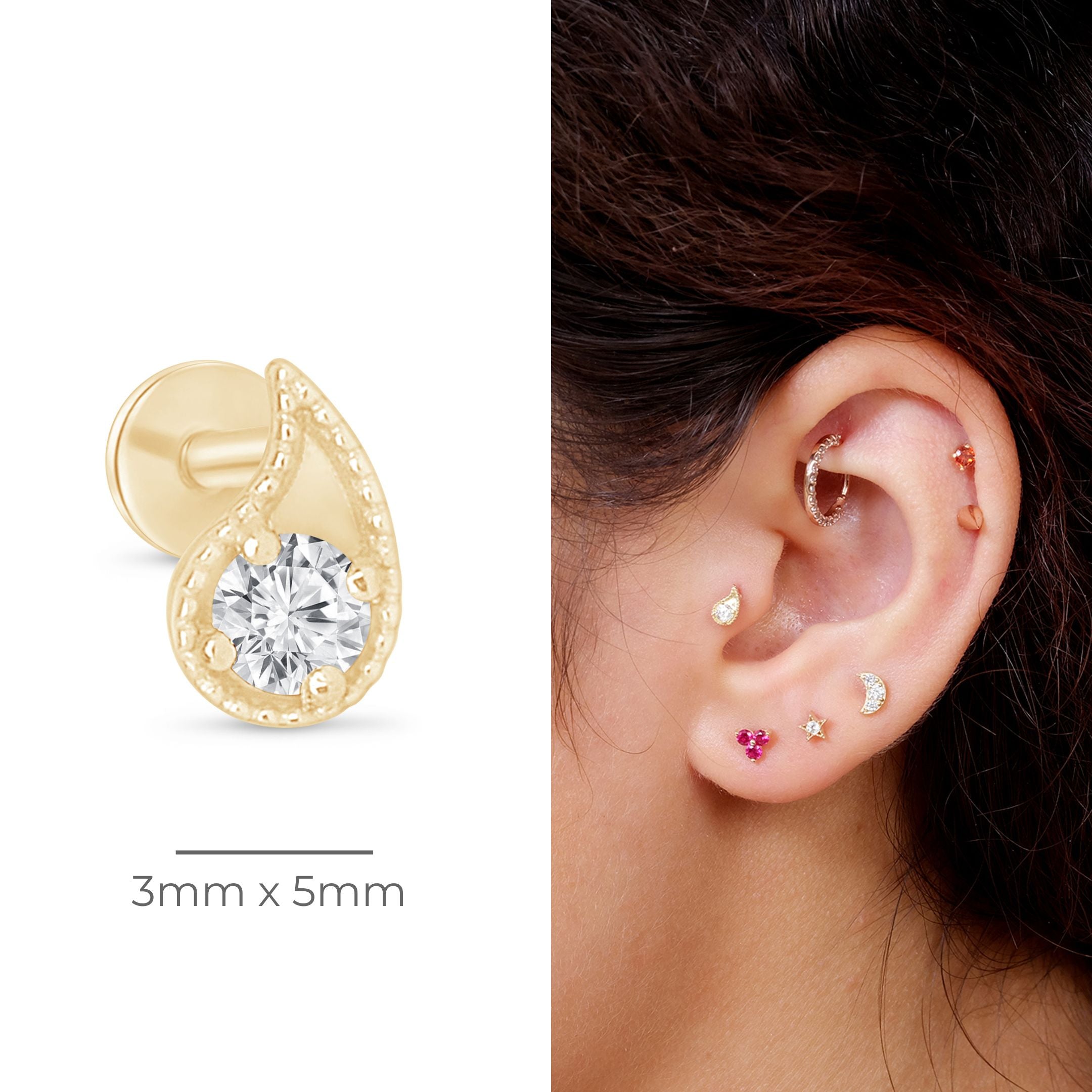 Diamond Paisley Flat Back Stud Milgrain Set in Solid 14k Yellow Gold