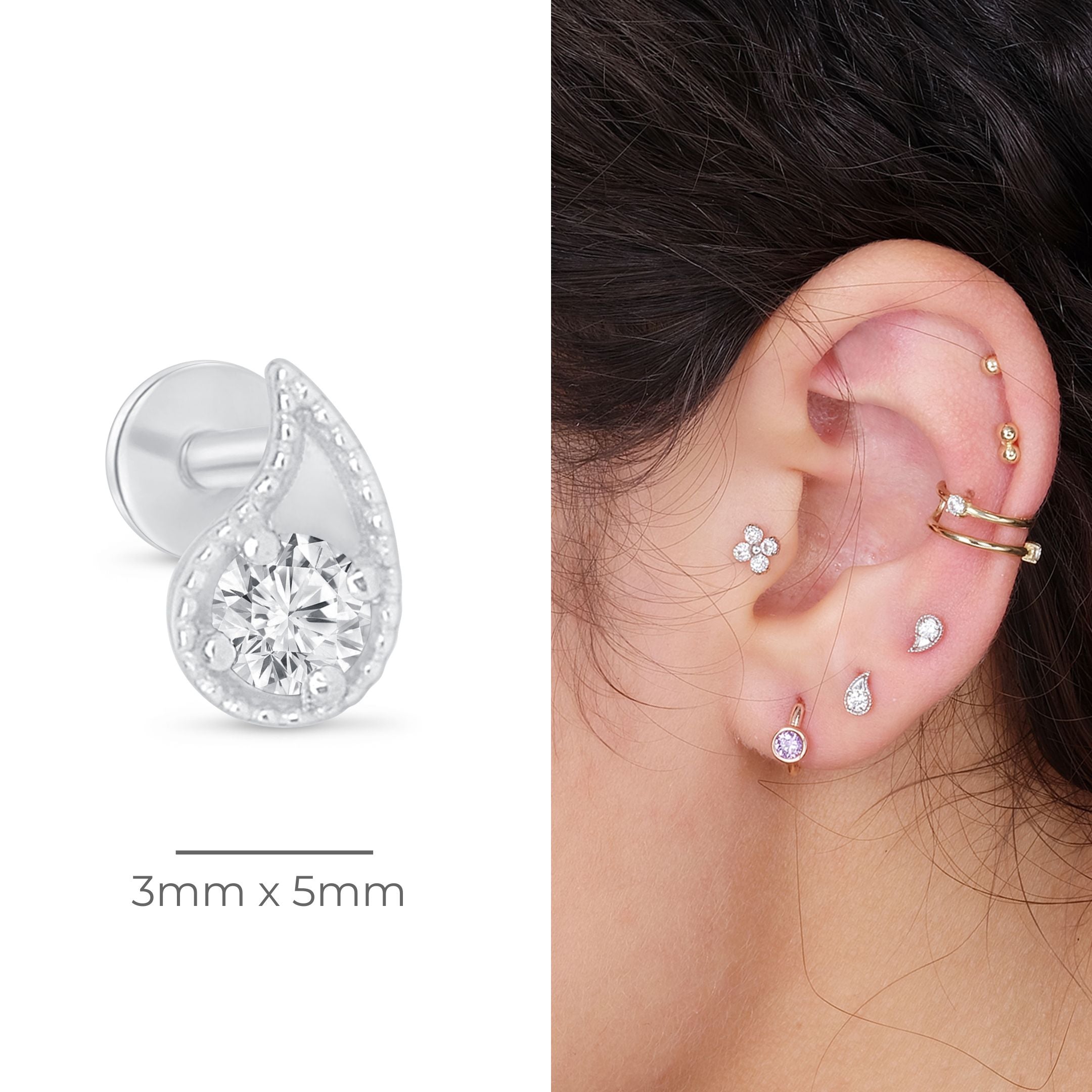 Diamond Paisley Flat Back Stud Milgrain Set in Solid 14k White Gold