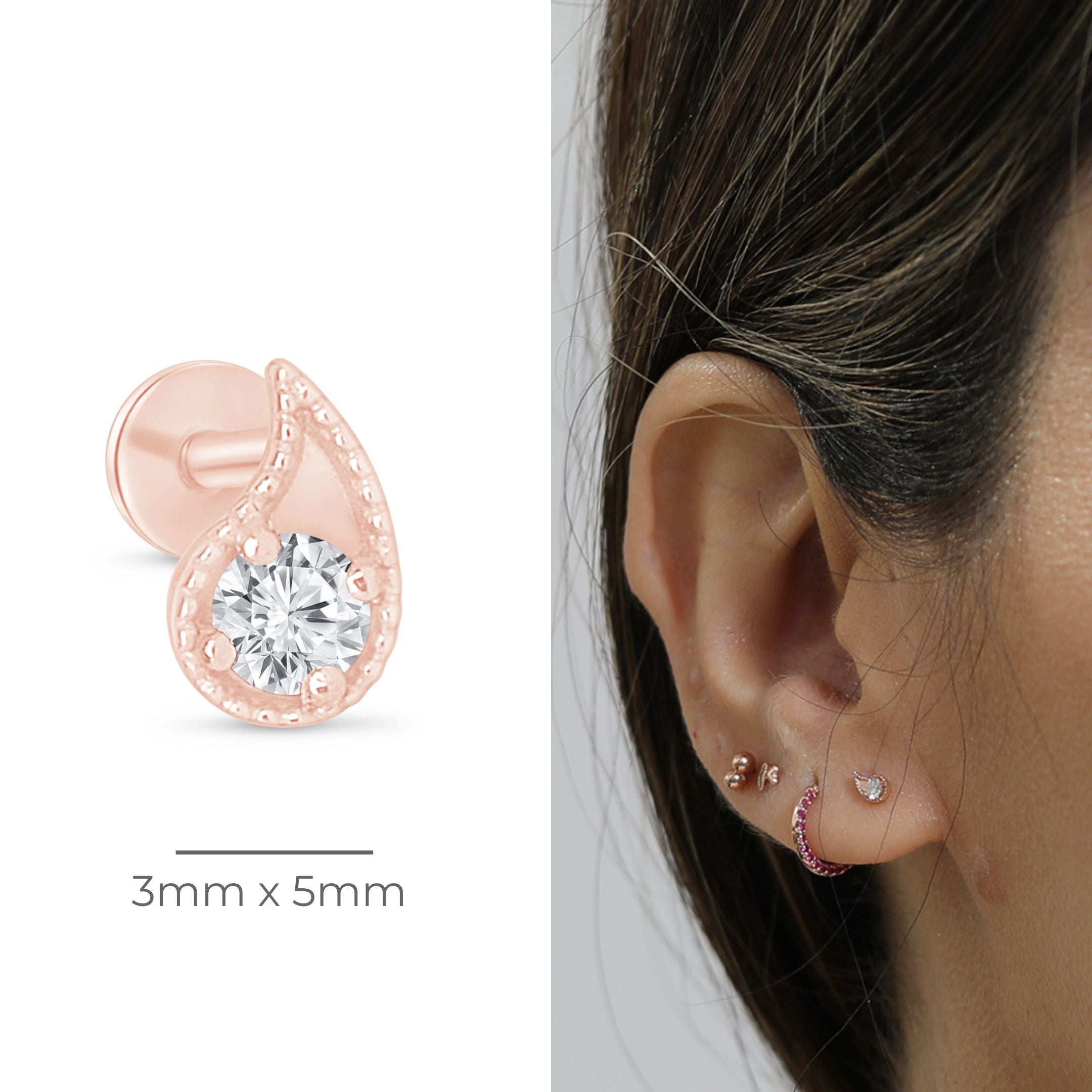 Diamond Paisley Flat Back Stud Milgrain Set in Solid 14k Rose Gold