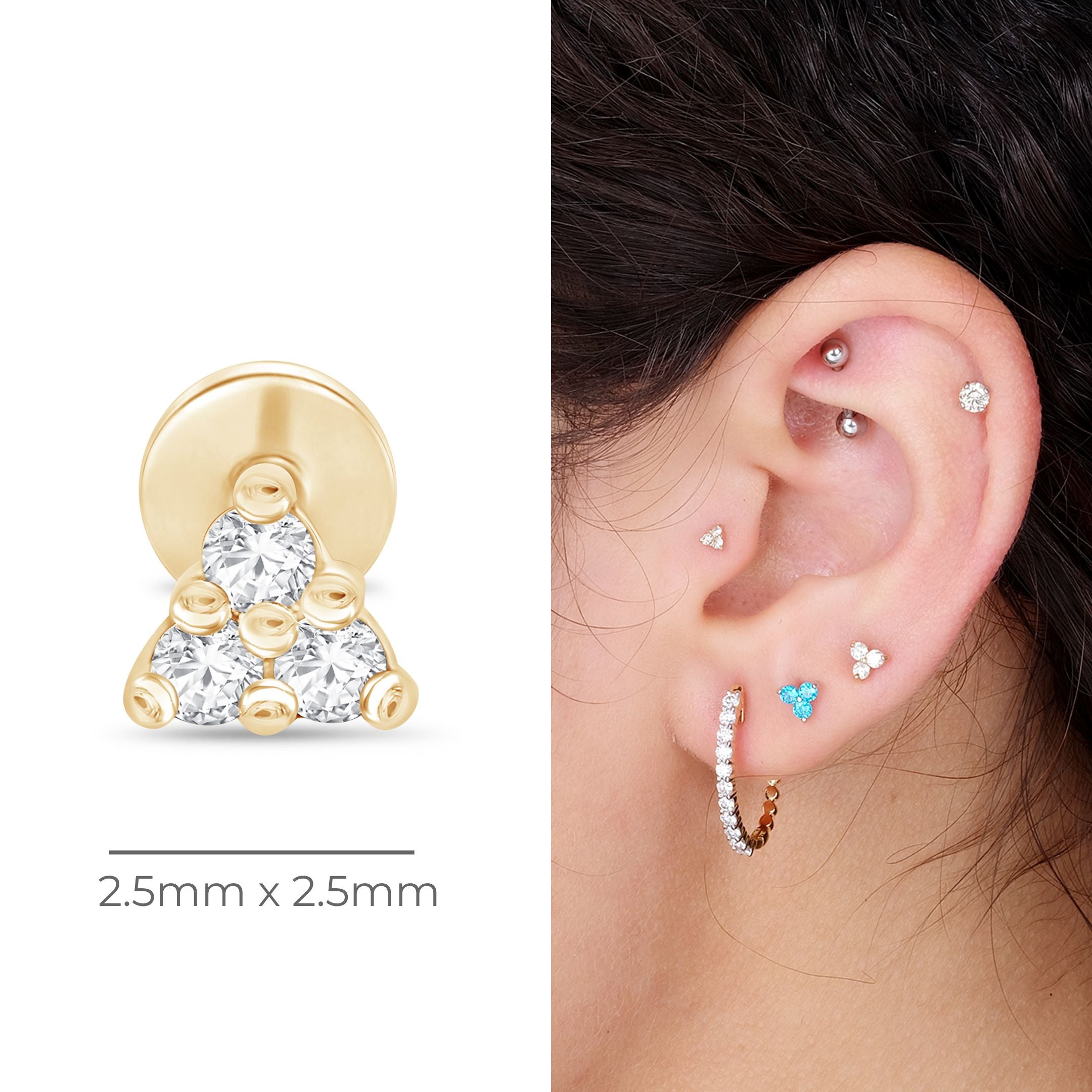 Small Diamond Trinity Flat Back in Solid 14k Yellow Gold