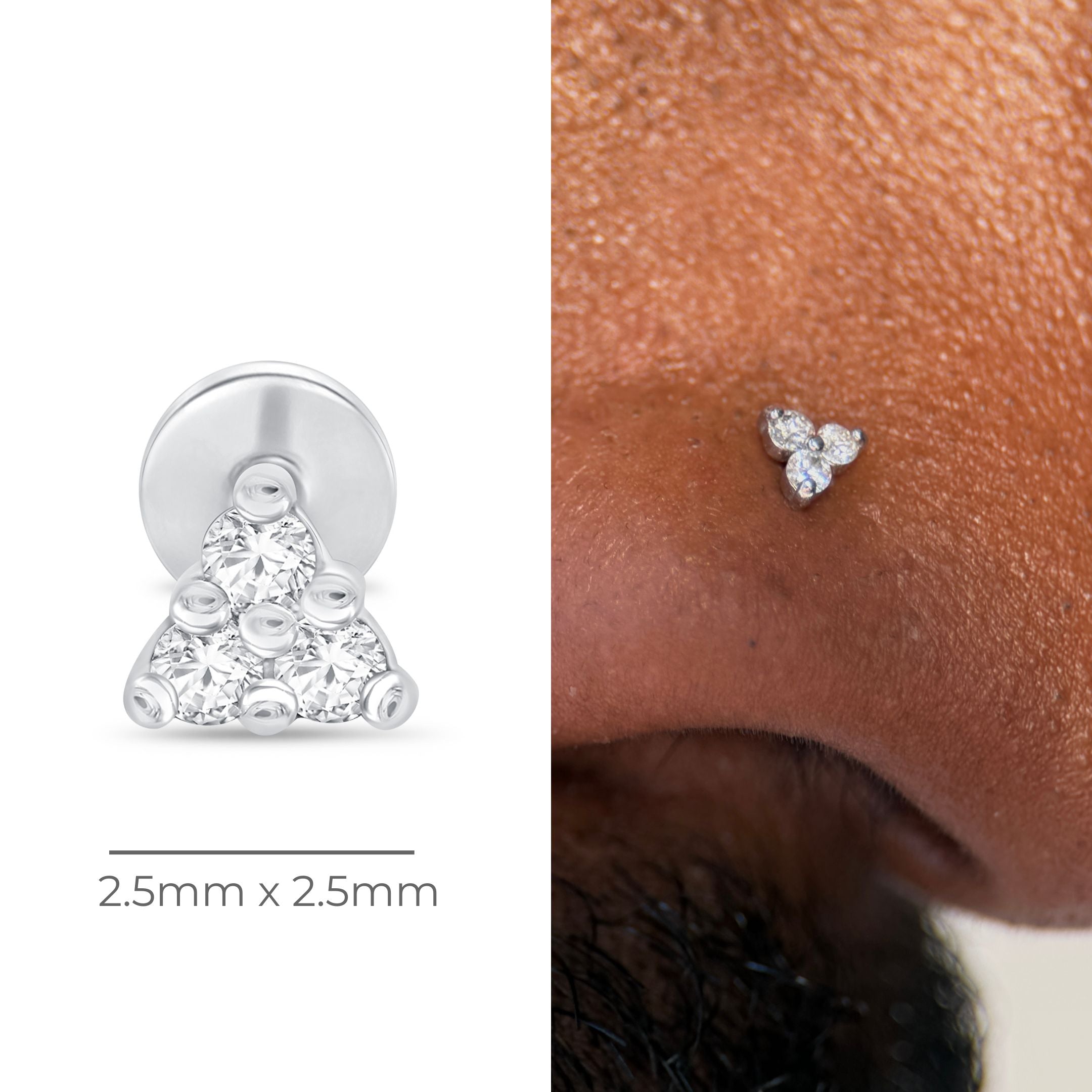 Small Diamond Trinity Flat Back Stud in Solid 14k White Gold