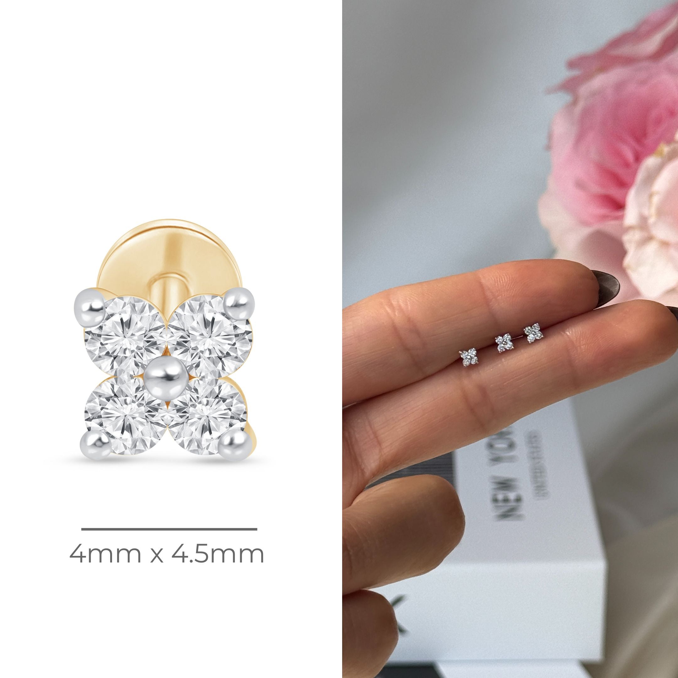 Diamond Four Petal Flower Flat Back Stud in Solid 14k Yellow Gold