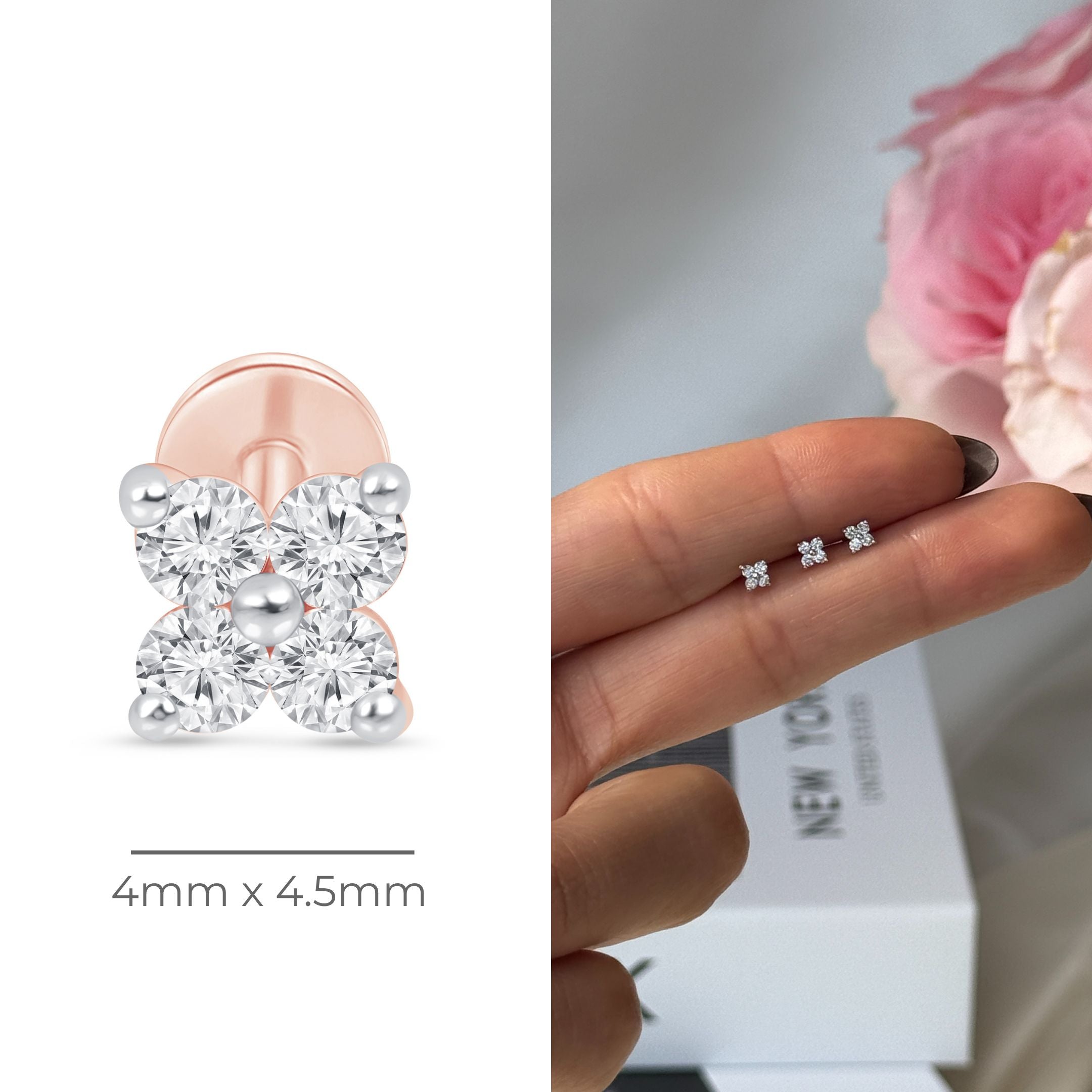 Diamond Four Petal Flower Flat Back Stud in Solid 14k Rose Gold