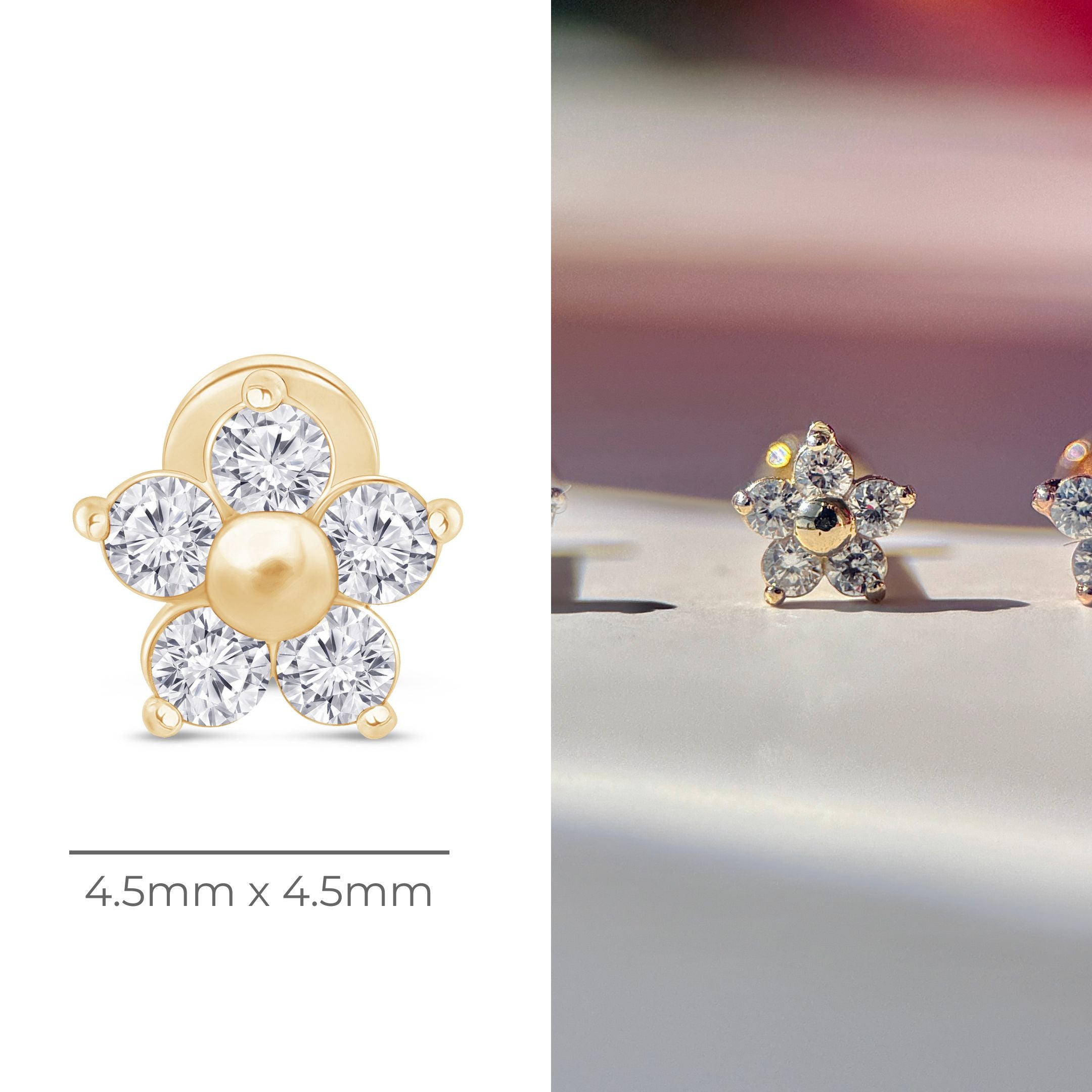 Diamond Flower Flat Back Stud in Solid 14k Yellow Gold