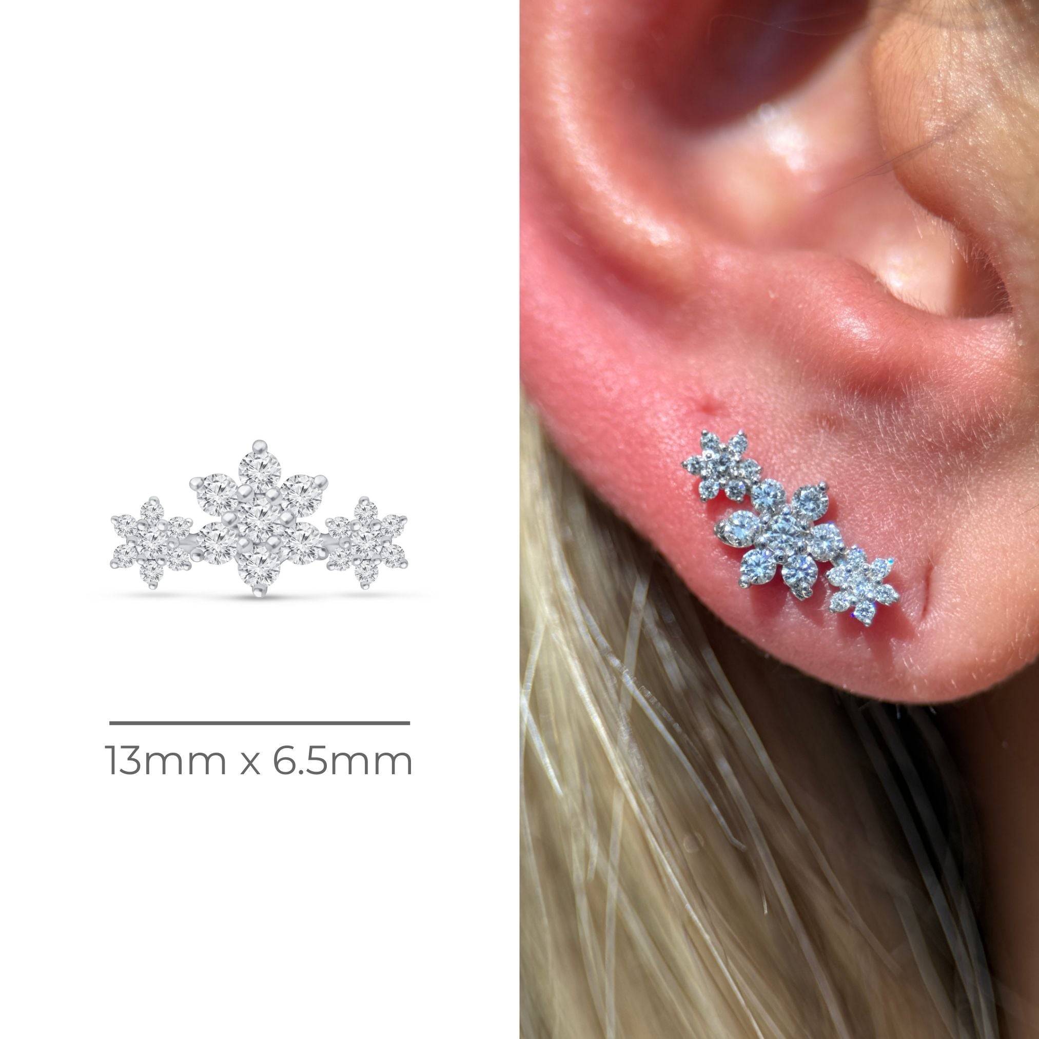 Diamond Three Flower Garland Flat Back Stud in Solid 14k White Gold