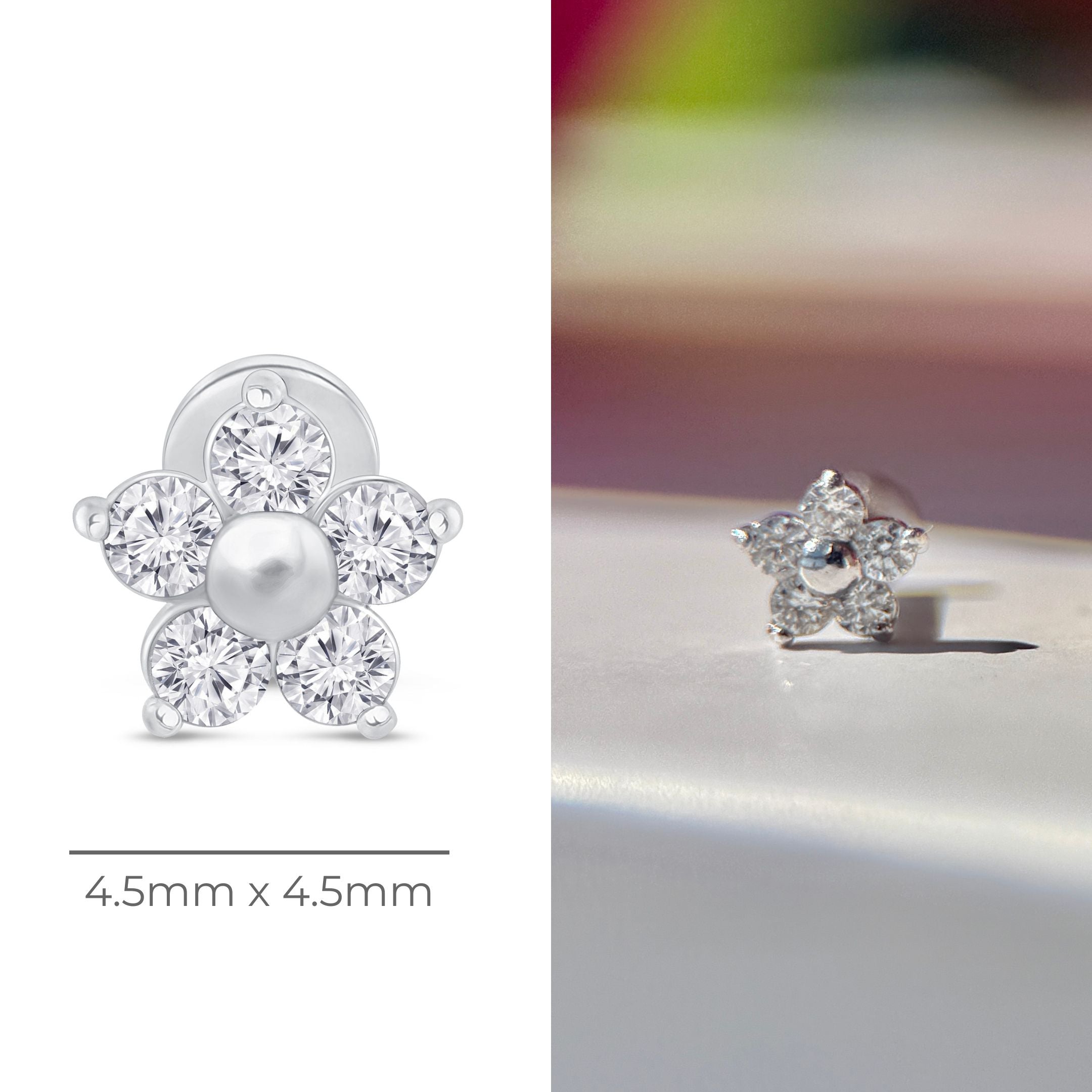 Diamond Flower Flat Back Stud in in Solid 14k White Gold